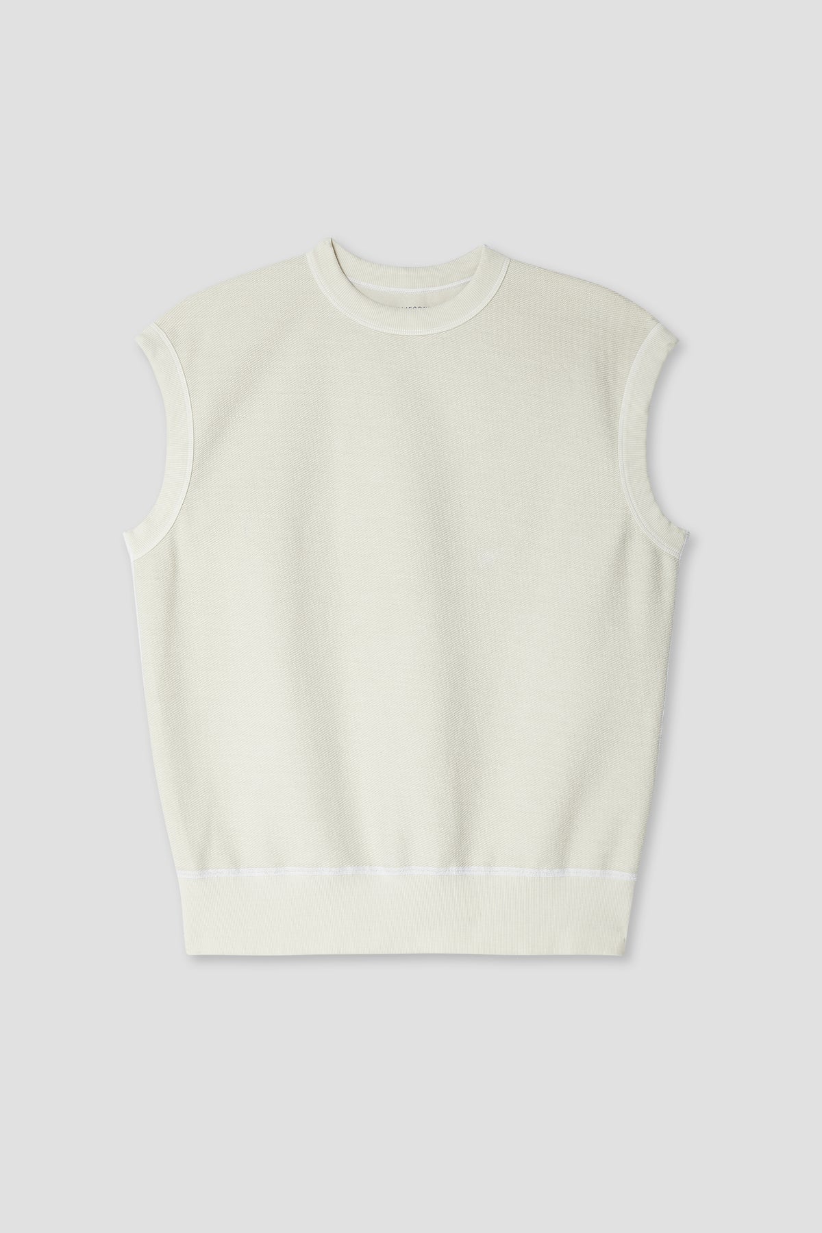 Cream sleeveless crewneck muscle sweatshirt vest with ribbed hem