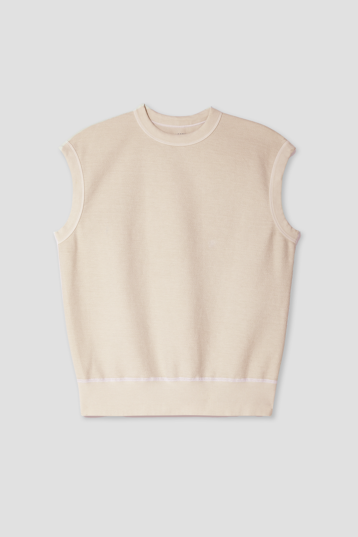 Light tan sleeveless crewneck muscle sweatshirt vest with ribbed hem