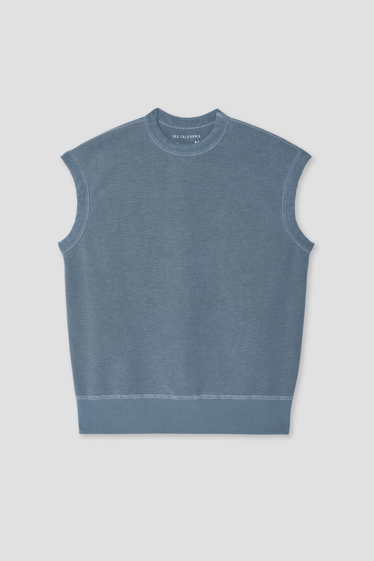 Blue sleeveless crewneck muscle sweatshirt vest with ribbed hem