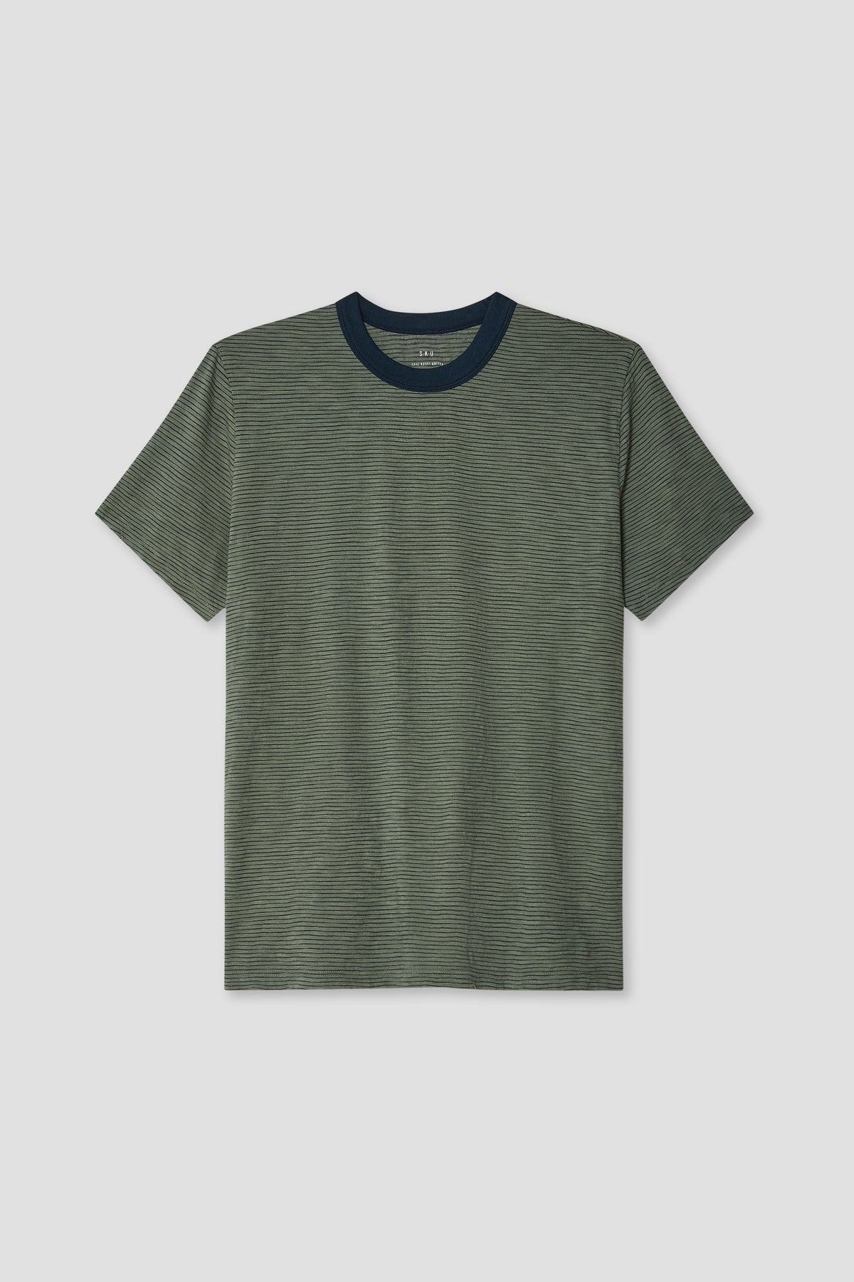 Ringer T-shirt in green with dark navy neck and thin striped knit body