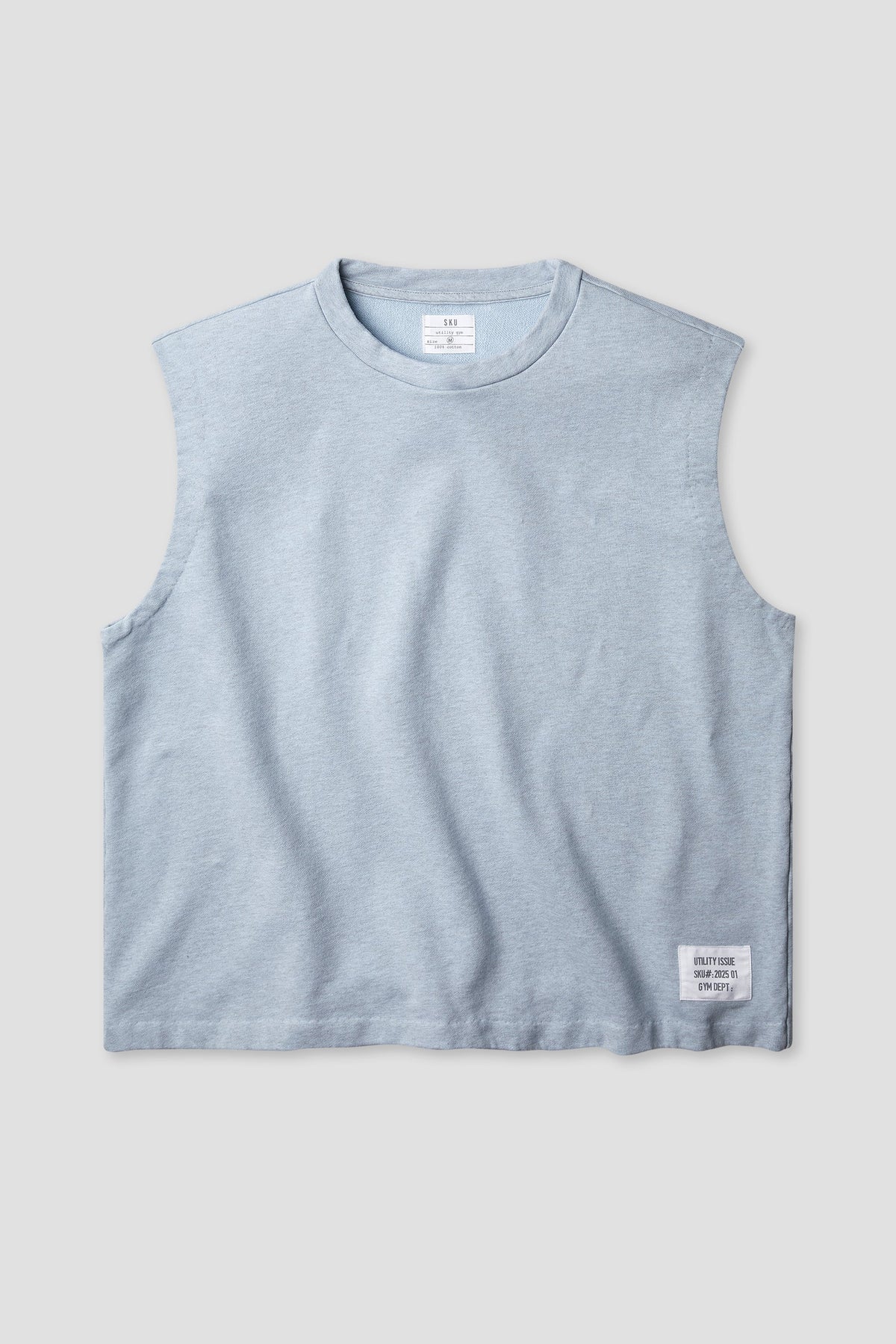 Beach blue sleeveless muscle tee, crew neck, small logo patch on hem