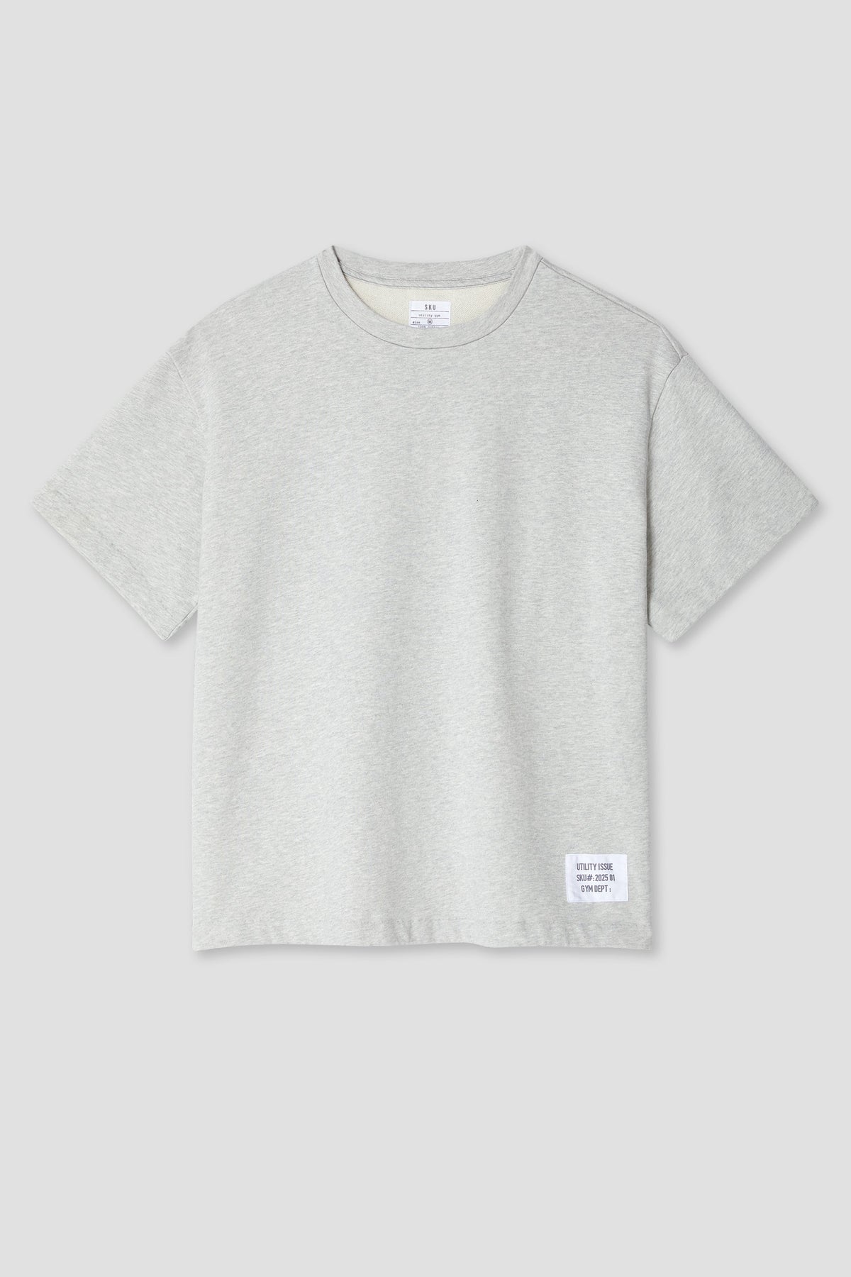 Men’s short-sleeve boxy crewneck T-shirt in heather grey terry knit, small chest tag