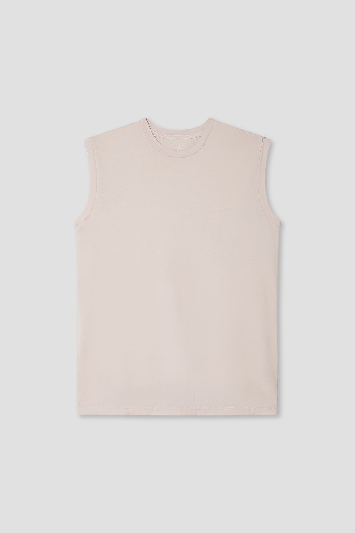 Men's sleeveless muscle tee in pale pink, crew neck, straight hem