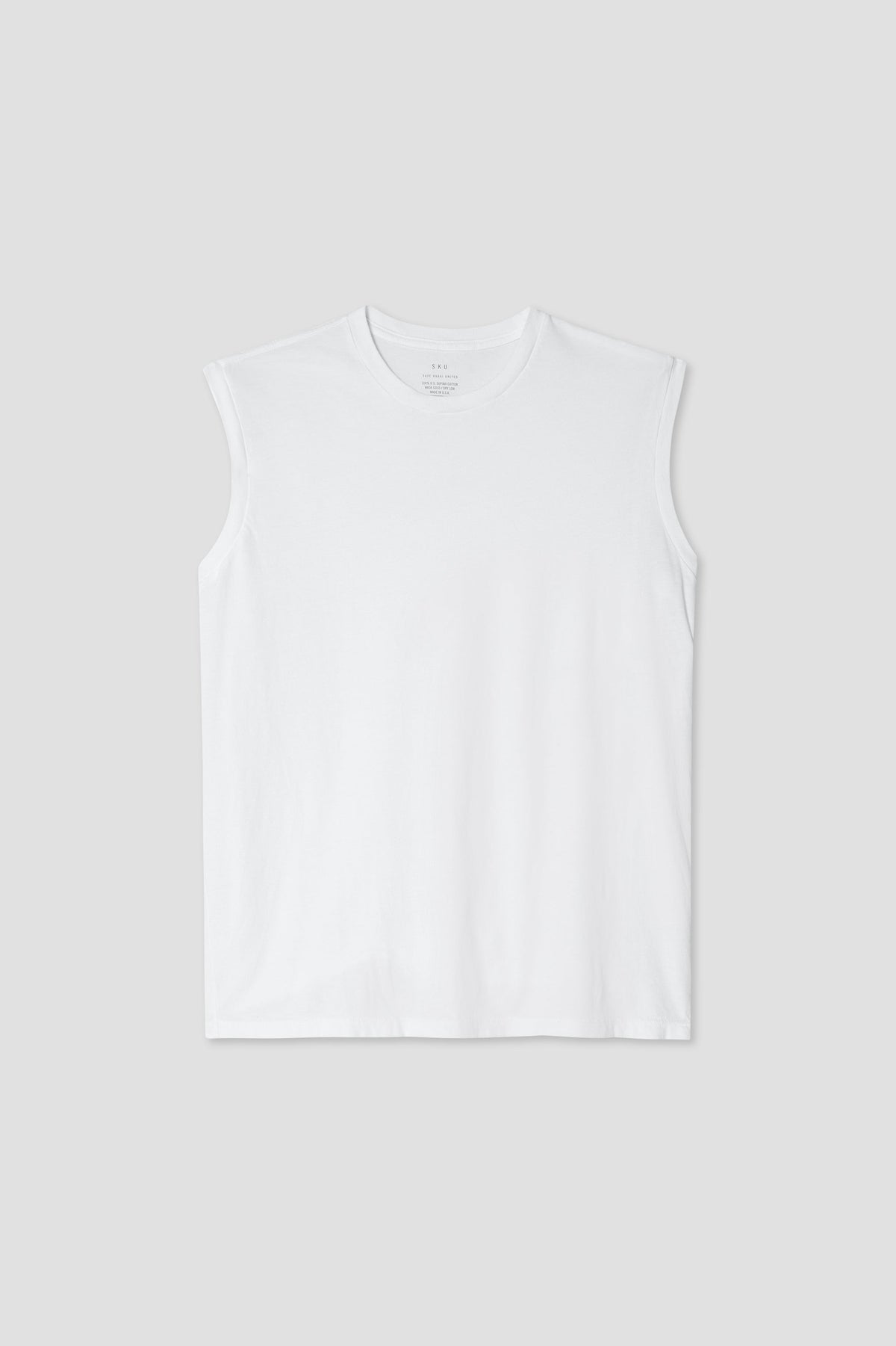 Men's sleeveless muscle tee in white, crew neck, straight hem