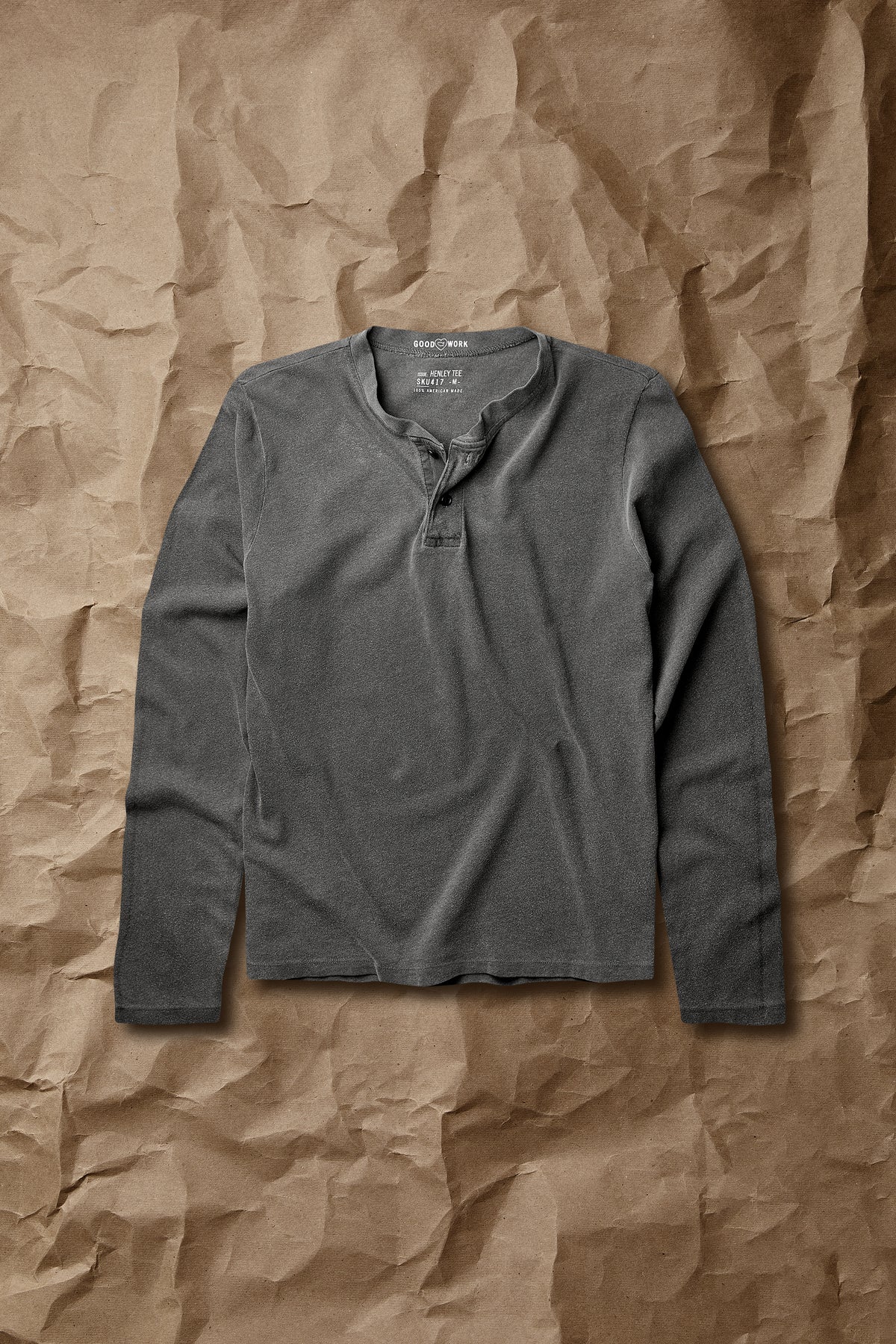 Charcoal gray long-sleeve jersey henley top with button placket