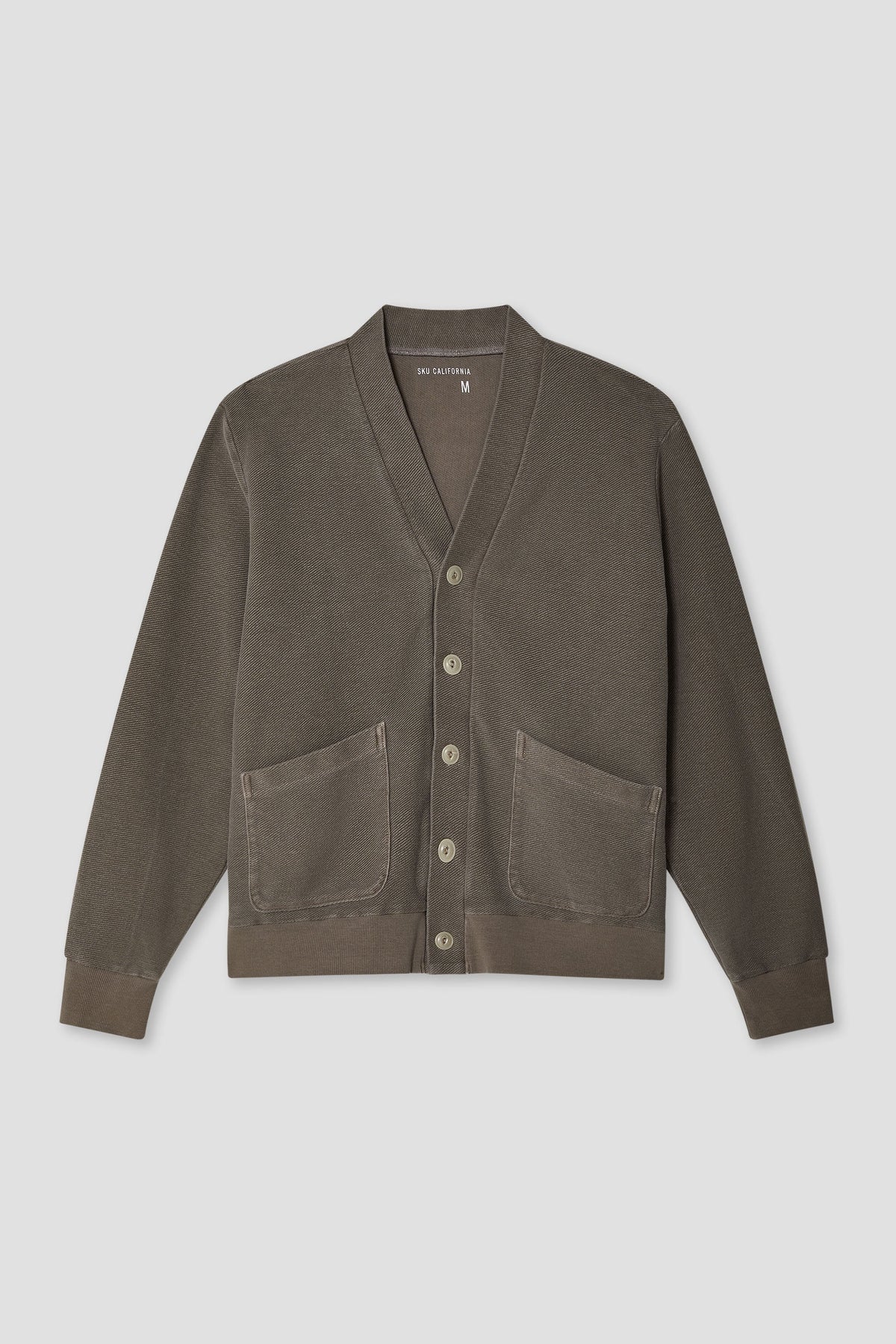 Dark brown twill terry cardigan with V-neck button front and two front pockets