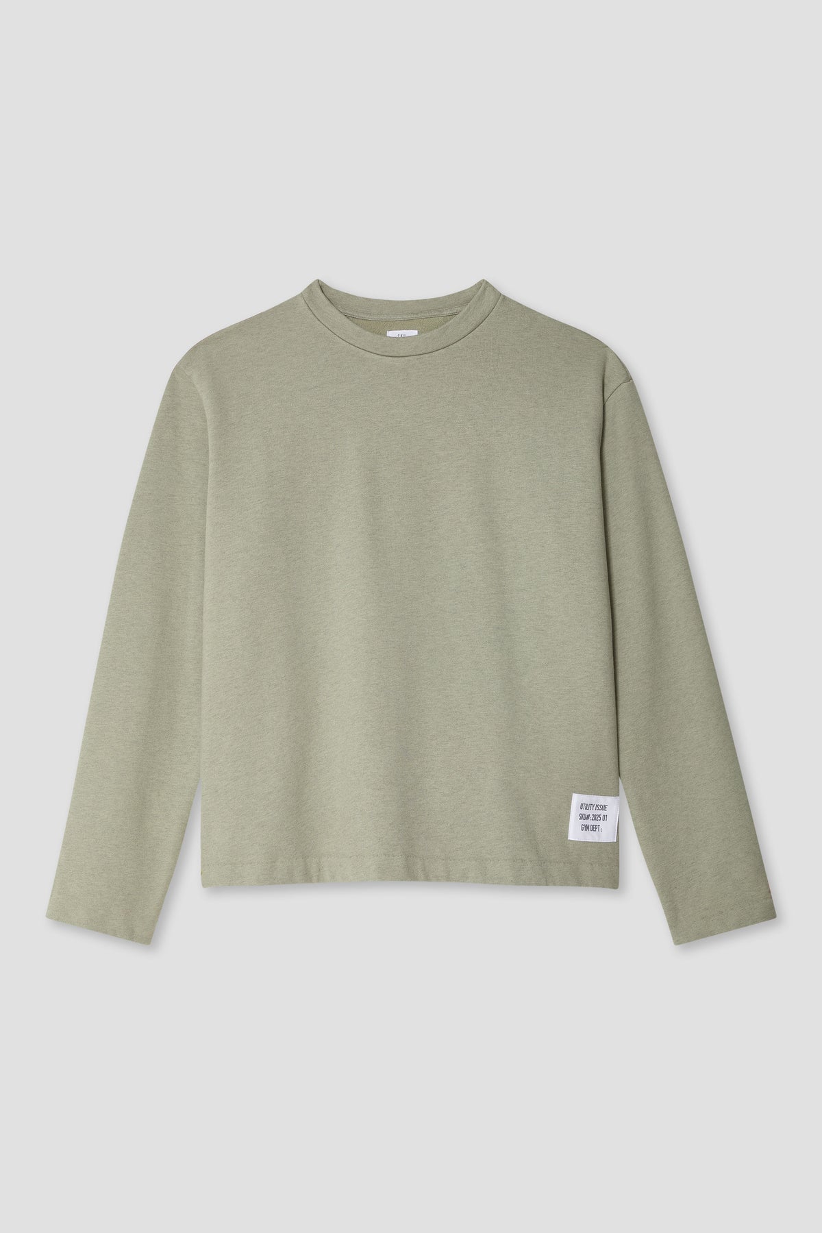 Olive green crewneck terry sweatshirt with long sleeves and ribbed neckline