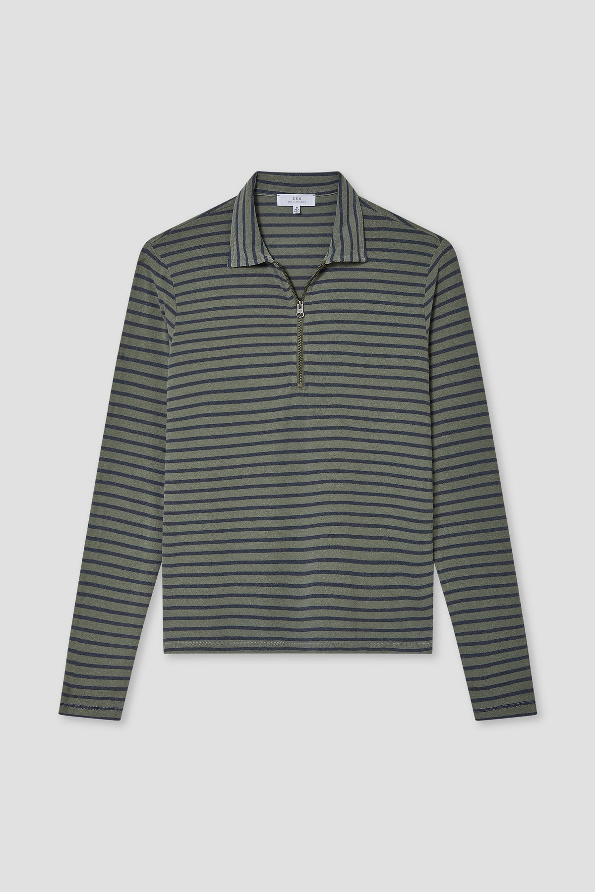 Men's striped quarter-zip pullover in dark green tones with zipper and ribbed collar