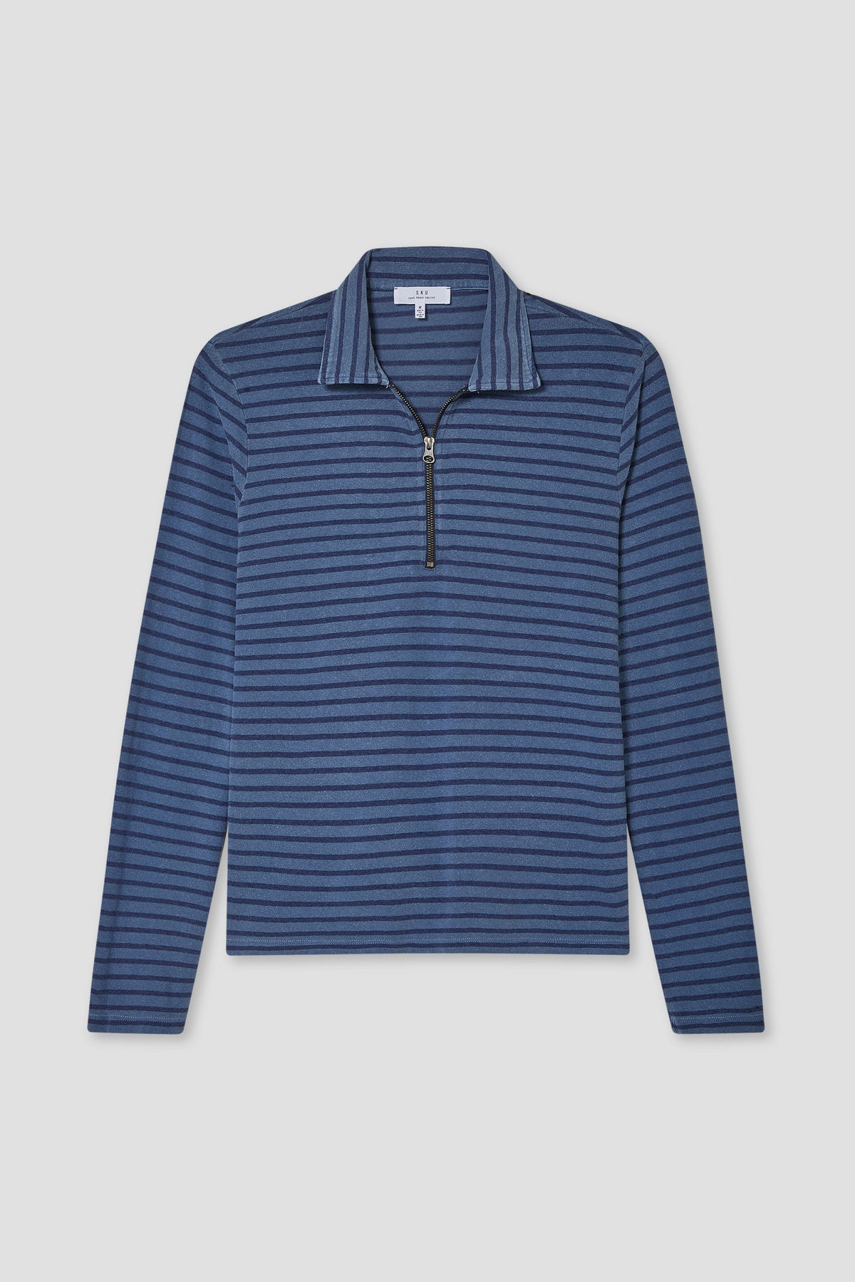 Men's striped quarter-zip pullover in navy blue tones with zipper and ribbed mock collar