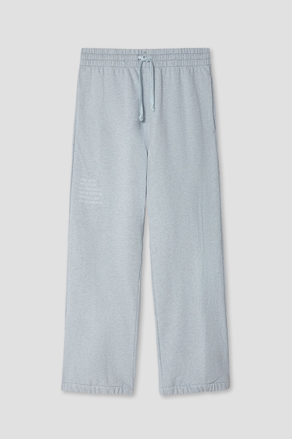 Light blue sweatpants with elastic waistband, drawstring, and straight leg