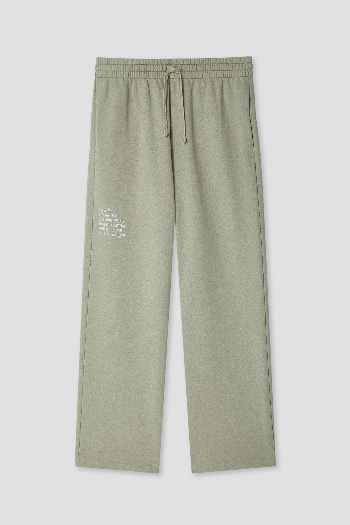 Olive green sweatpants with elastic waistband, drawstring, and straight leg