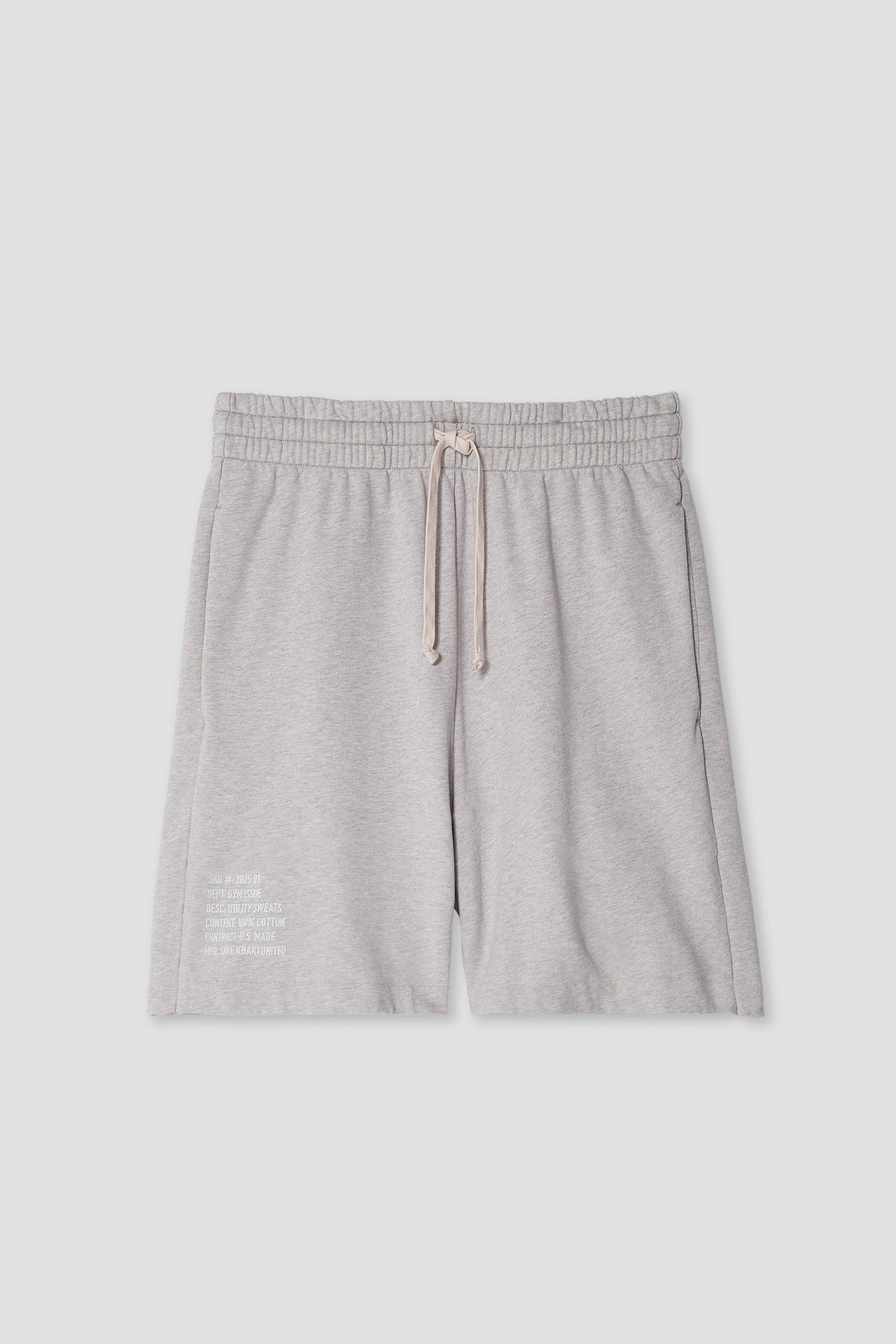Heather grey terry shorts with drawstring front and elastic waistband