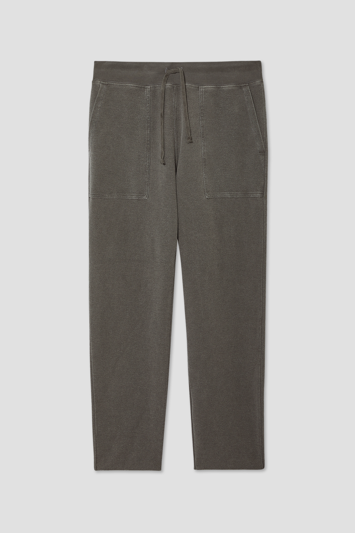 Slate gray terry sweatpants with elastic waistband, drawstring, and patch pockets