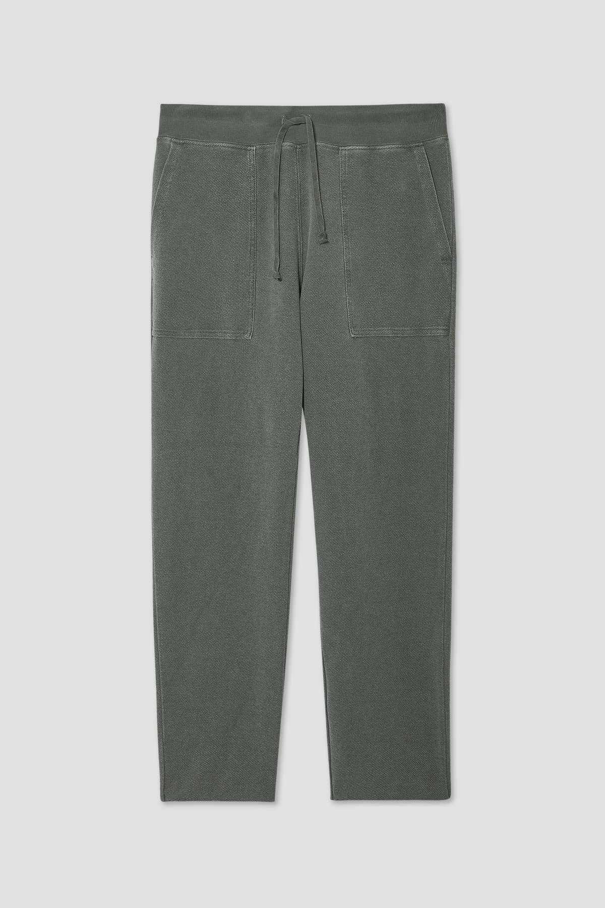 Olive terry sweatpants with drawstring waist and patch pockets
