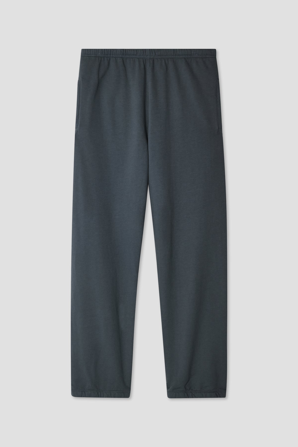 Navy fleece sweatpants with elastic waistband and straight, cropped legs
