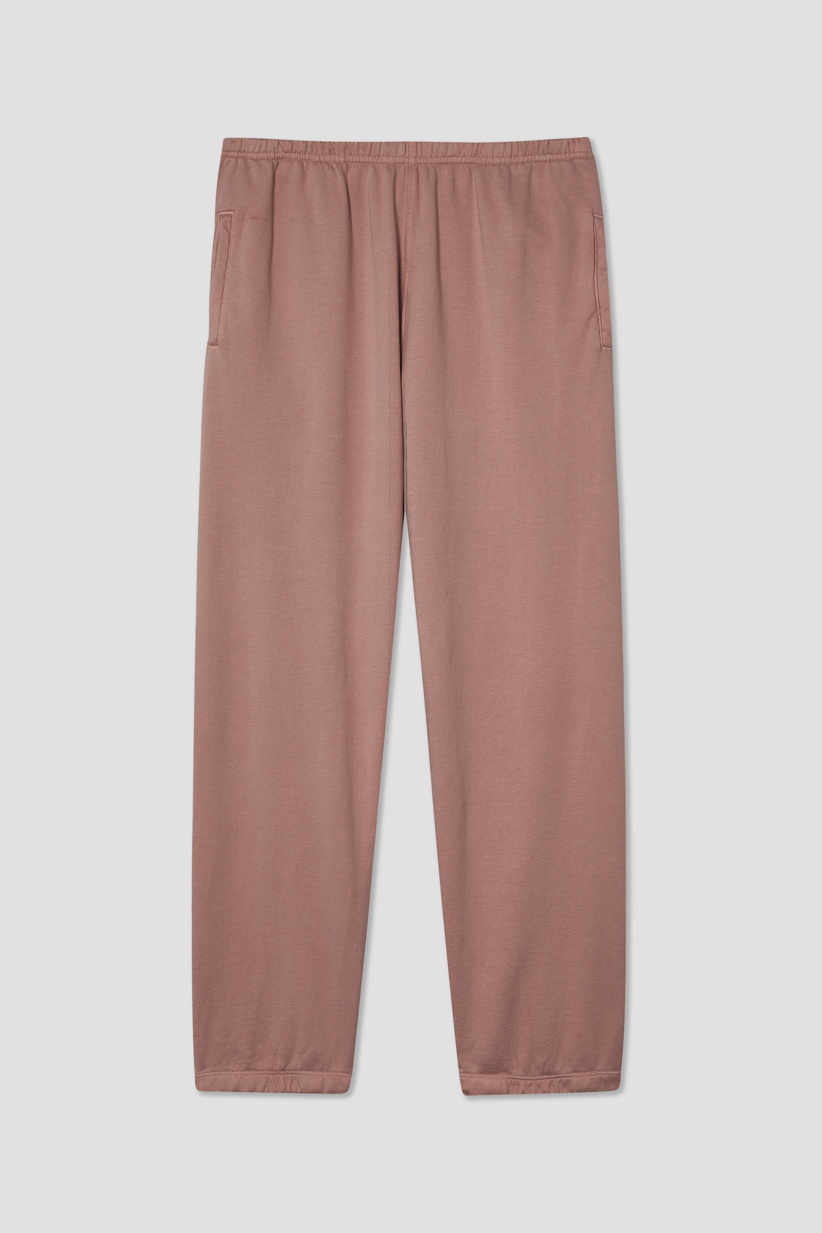 Dusty rose fleece sweatpants with elastic waistband and relaxed straight fit