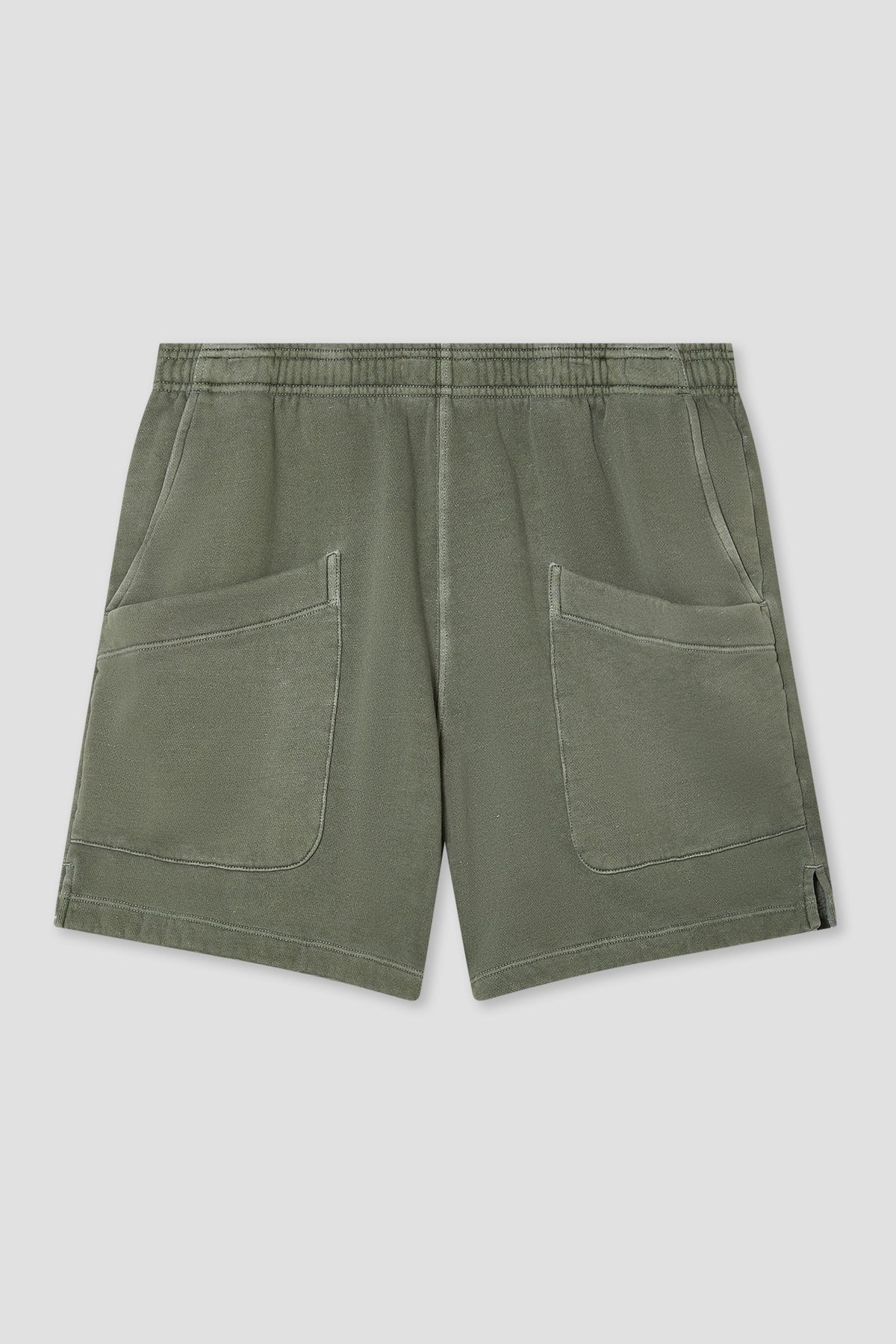 Men's easy fleece shorts in lichen green, elastic waist, two front patch pockets