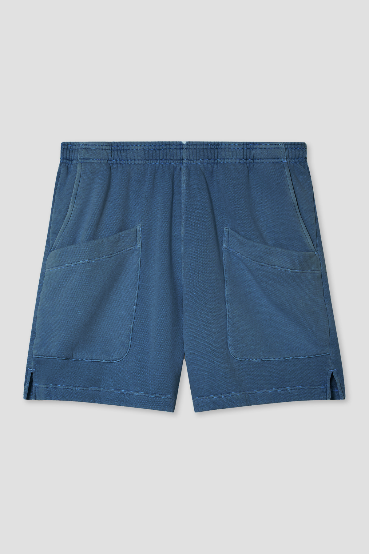 Men's easy fleece shorts in deep union blue, elastic waist, two front patch pockets