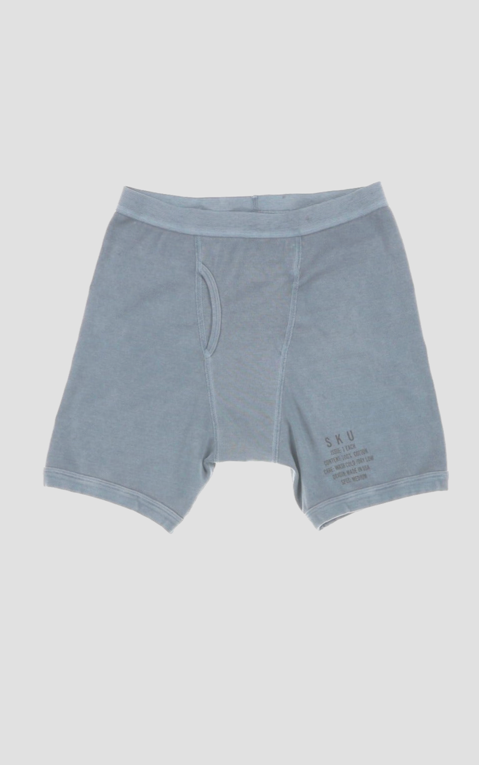 Men’s distressed dye rib boxer briefs, light blue, button-free fly with stitched front seam