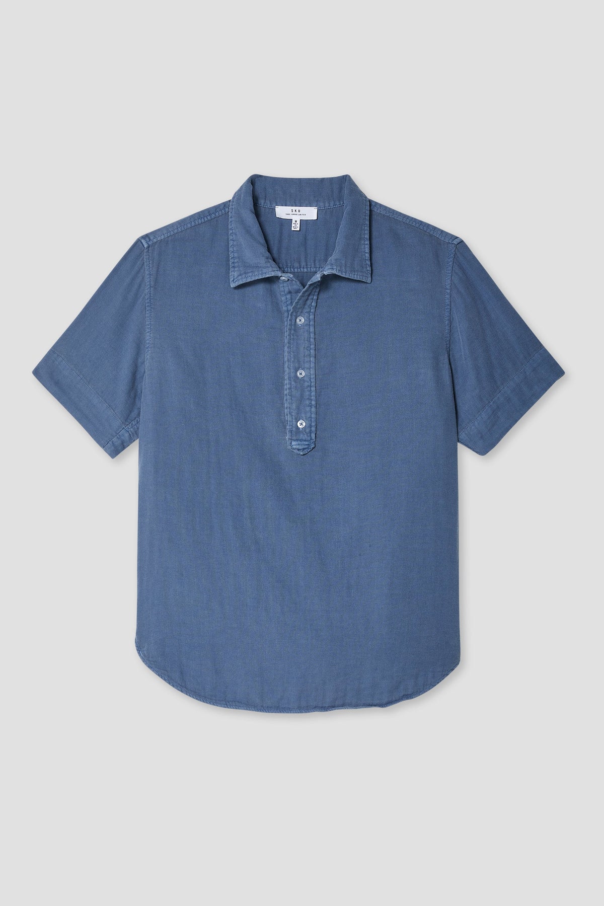 Men's short-sleeve popover shirt in denim blue, button placket and point collar.