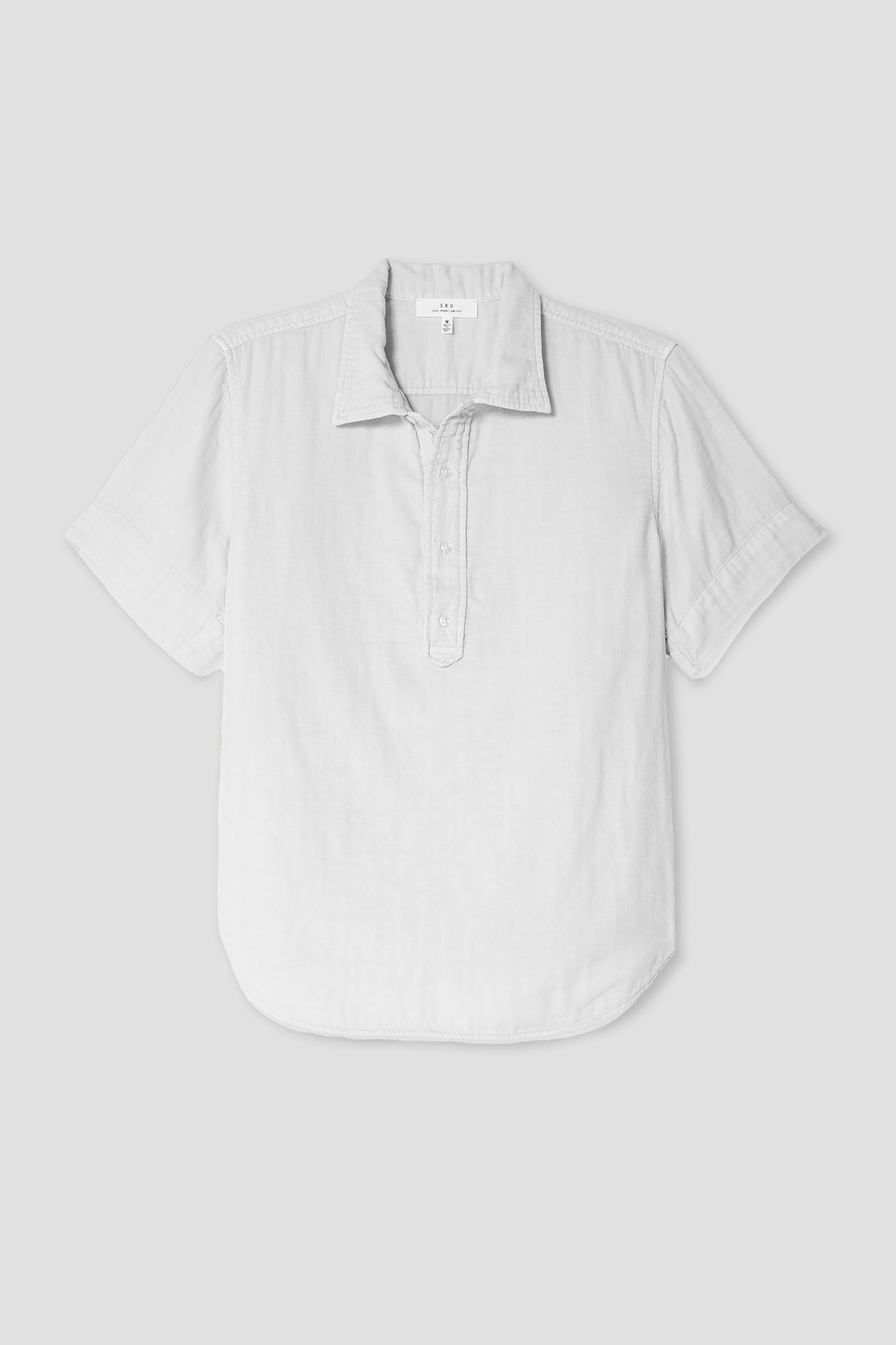 Men's short-sleeve popover shirt in white, centered button placket, short sleeves.