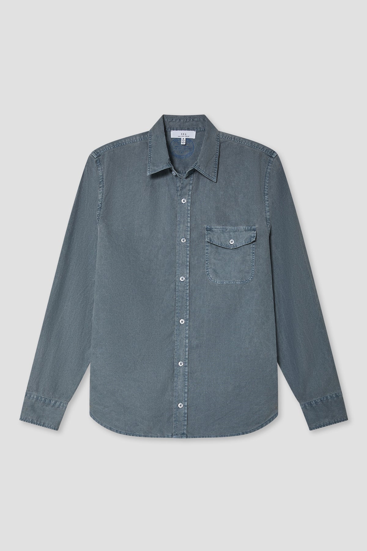 Men's work shirt, dark teal denim-like cotton blend, button-up with chest pocket