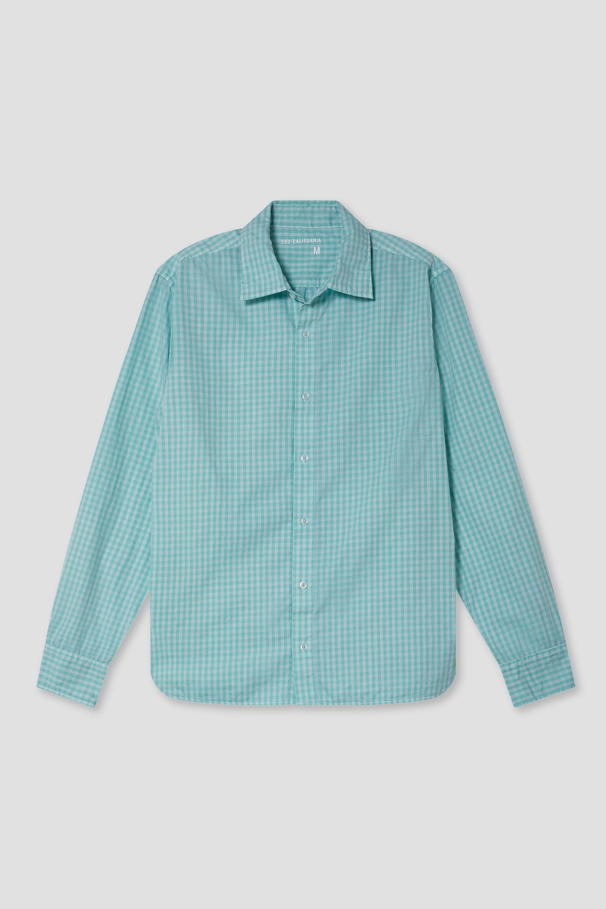 Men's pigment yarn-dye shirt in teal with small grid check pattern, button-up collar