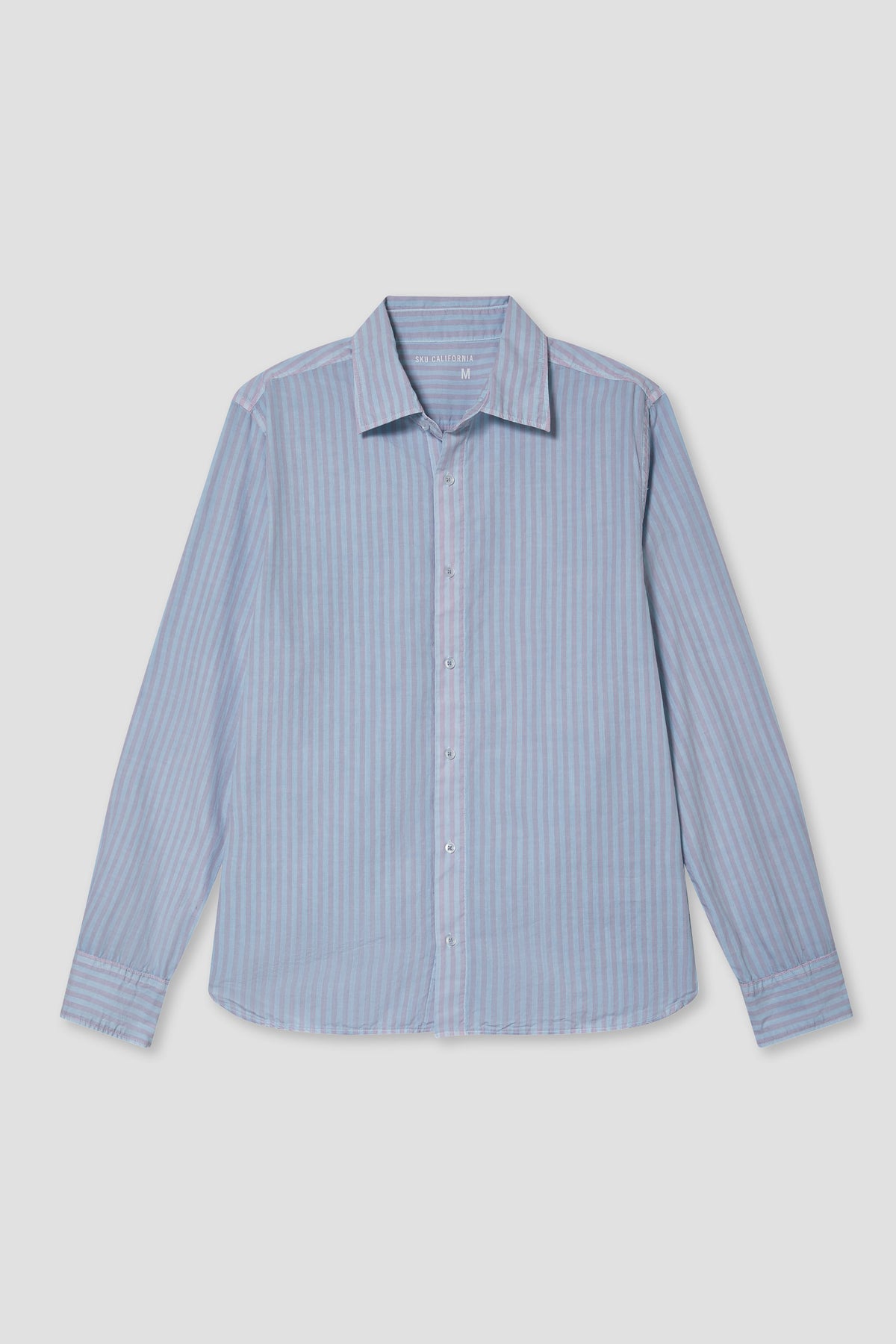Men's pigment yarn-dye shirt with pale blue and white vertical stripes, button-up collar
