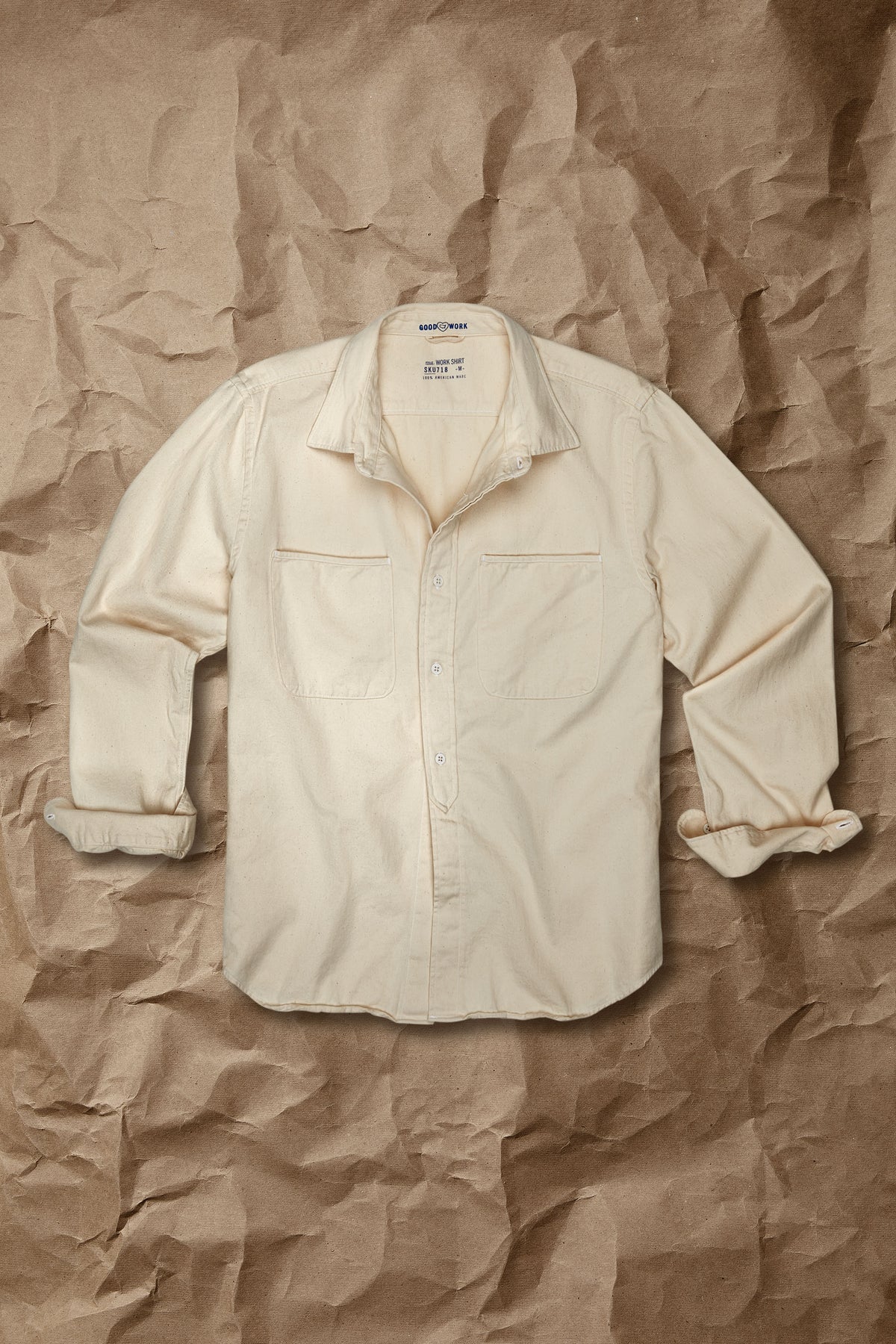 Natural color twill work shirt with button-front and chest pockets