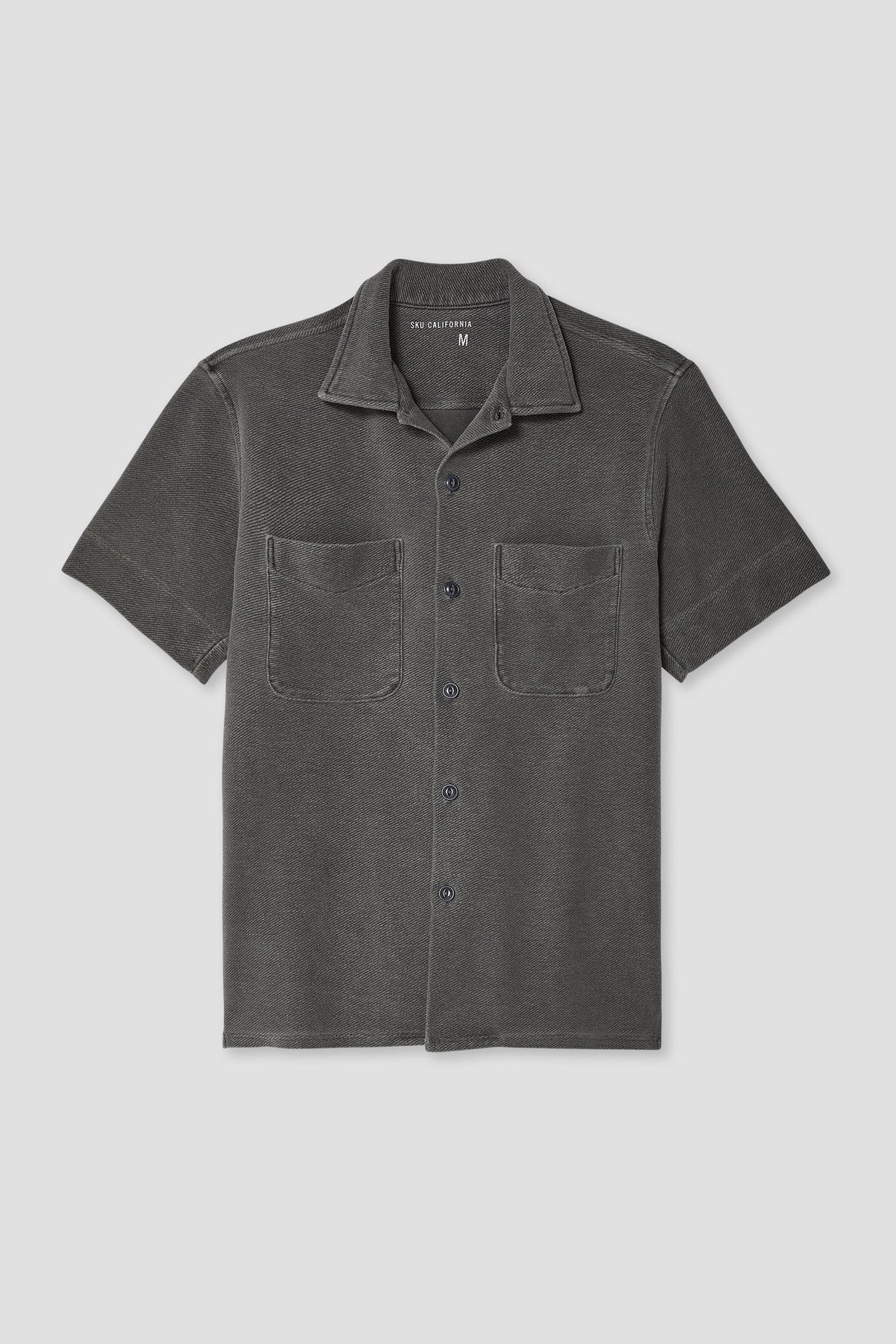 Black SS terry camp shirt, short sleeves, button front, two chest patch pockets