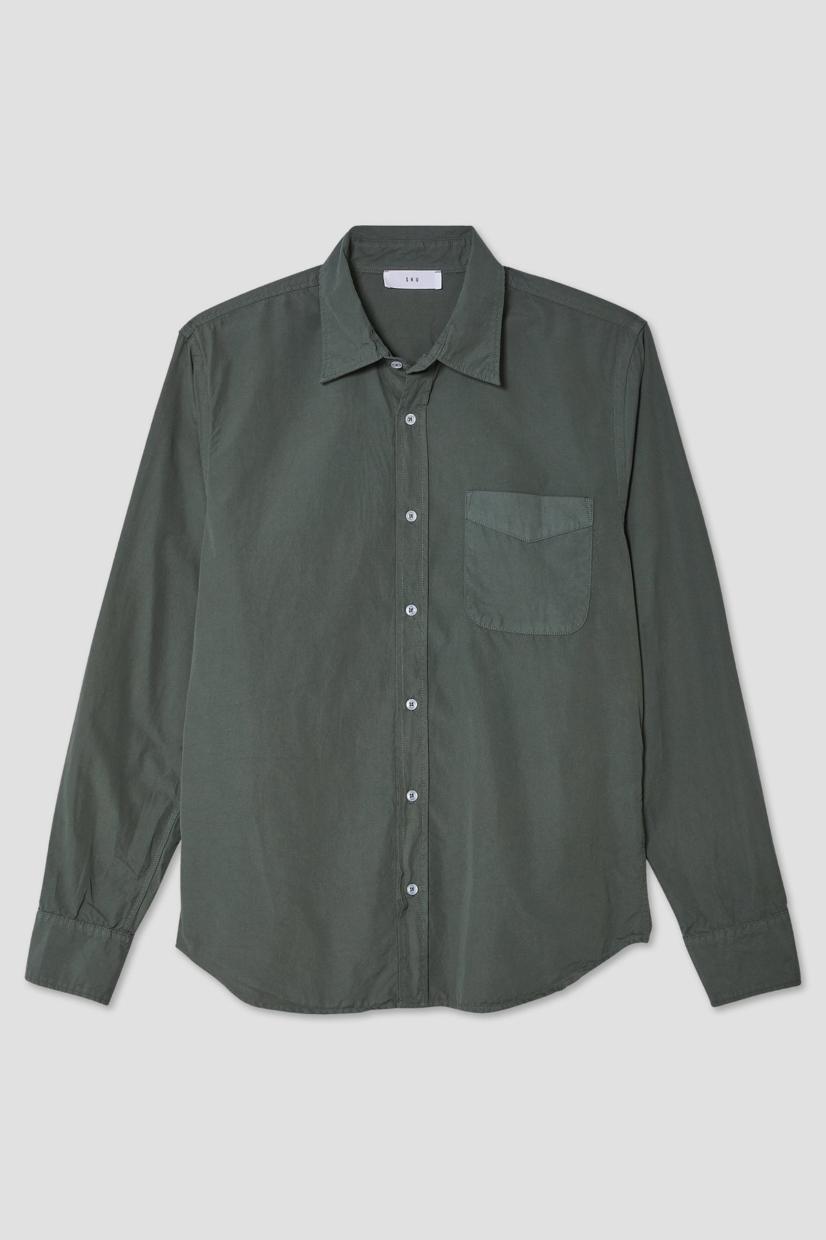 Olive green poplin button-up shirt with spread collar and chest pocket, long sleeves.