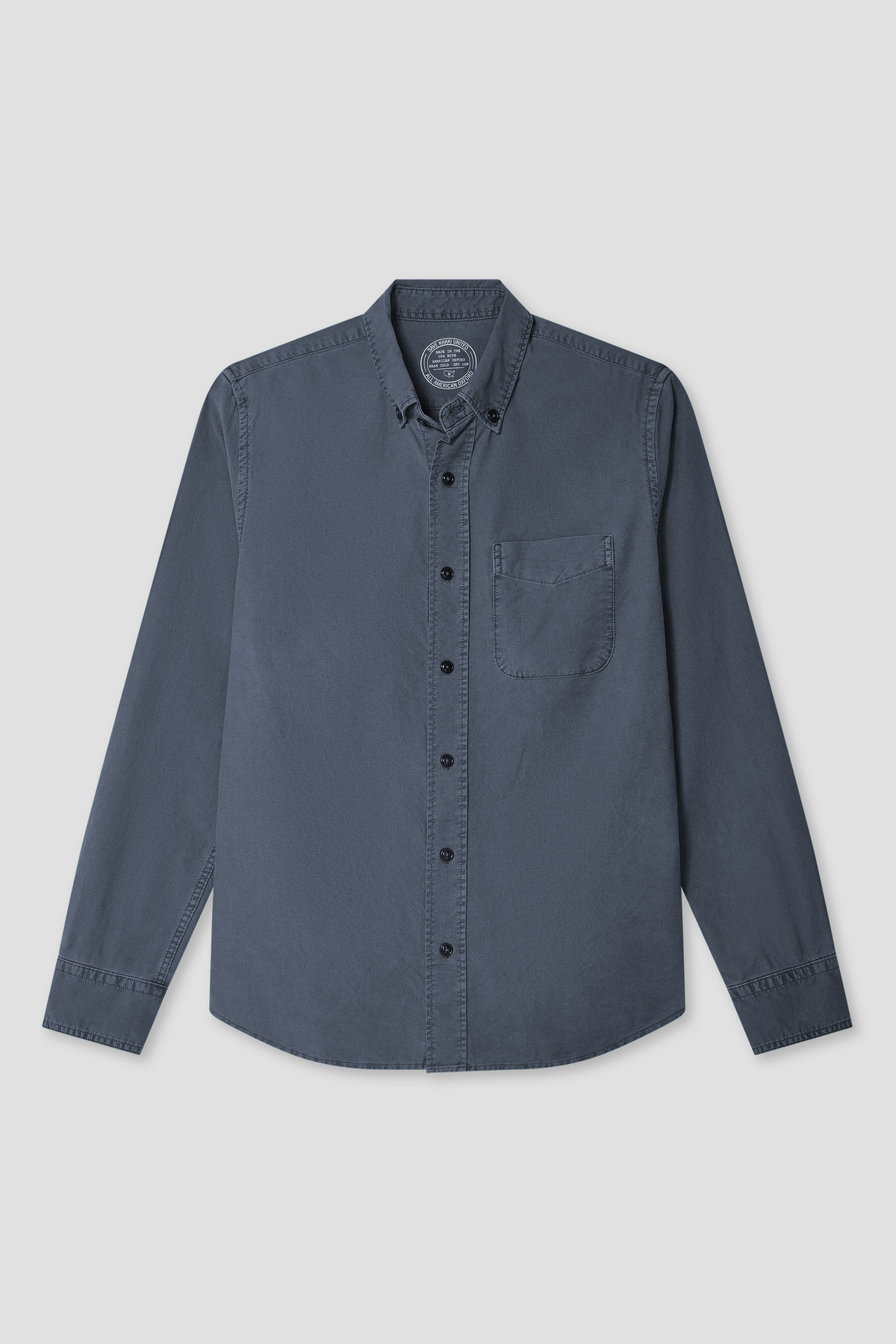 American oxford shirt in slate blue with button-front and chest pocket