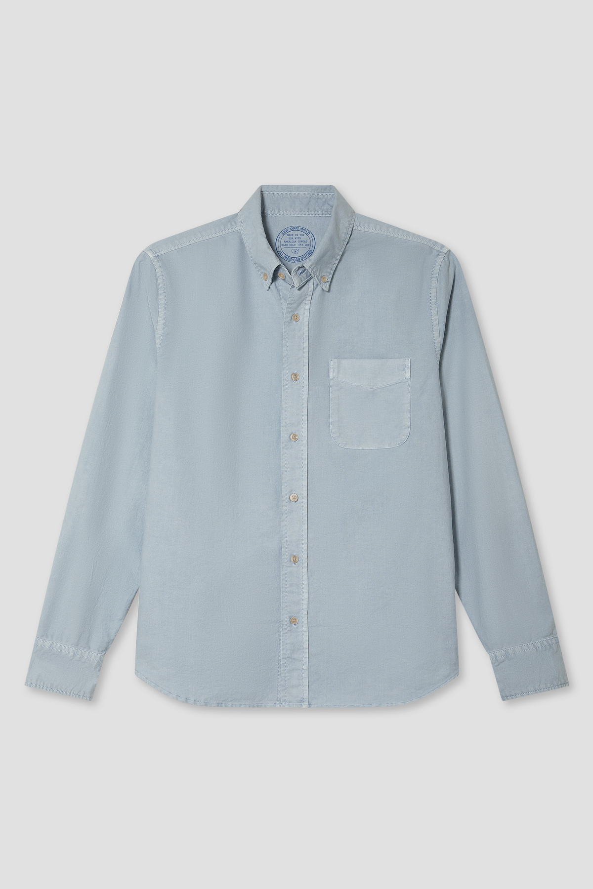Men's oxford button-up shirt, light blue, chest pocket and button front, long sleeves