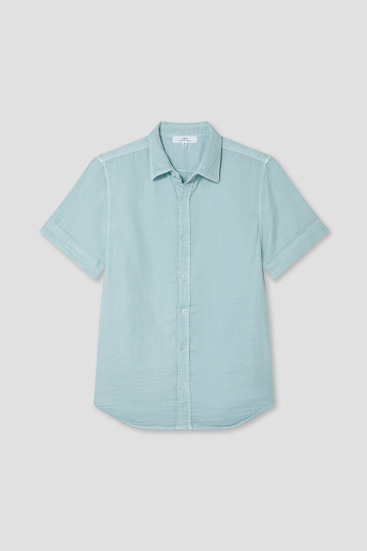 Men's short-sleeve aqua button-up shirt with camp collar and front buttons