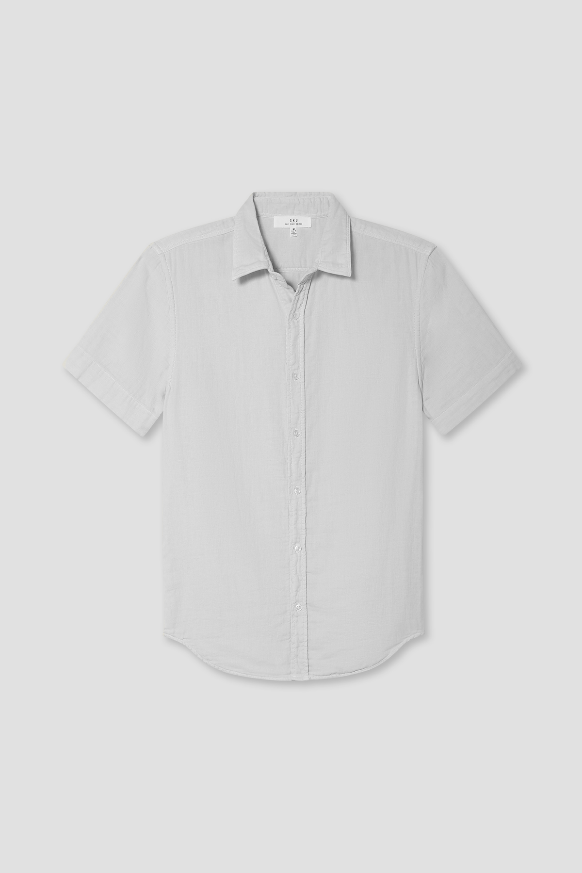 Men's short-sleeve white button-up shirt with camp collar and front placket