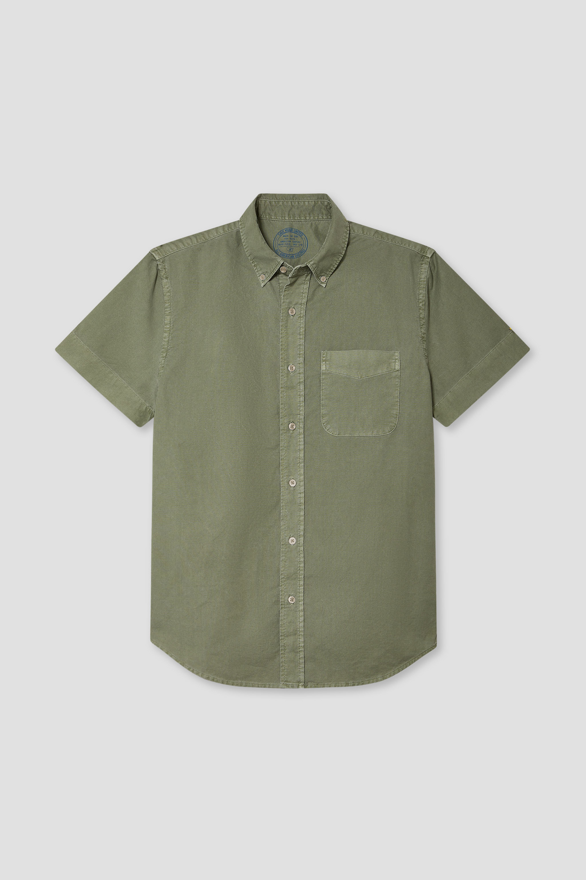 Olive green short-sleeve button-up oxford shirt with chest pocket and button placket