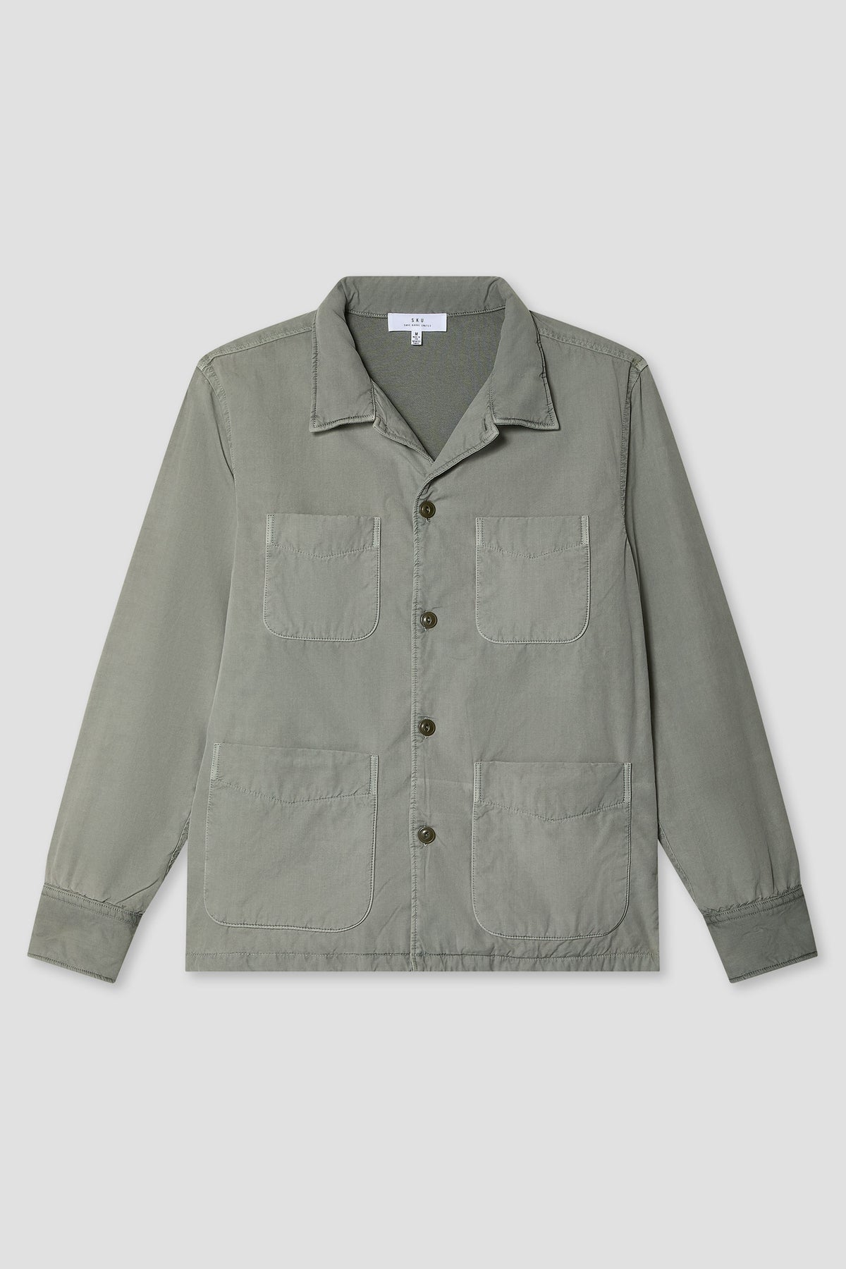 Light gray-green camp shirt jacket with button front, pointed collar, and chest flap pockets
