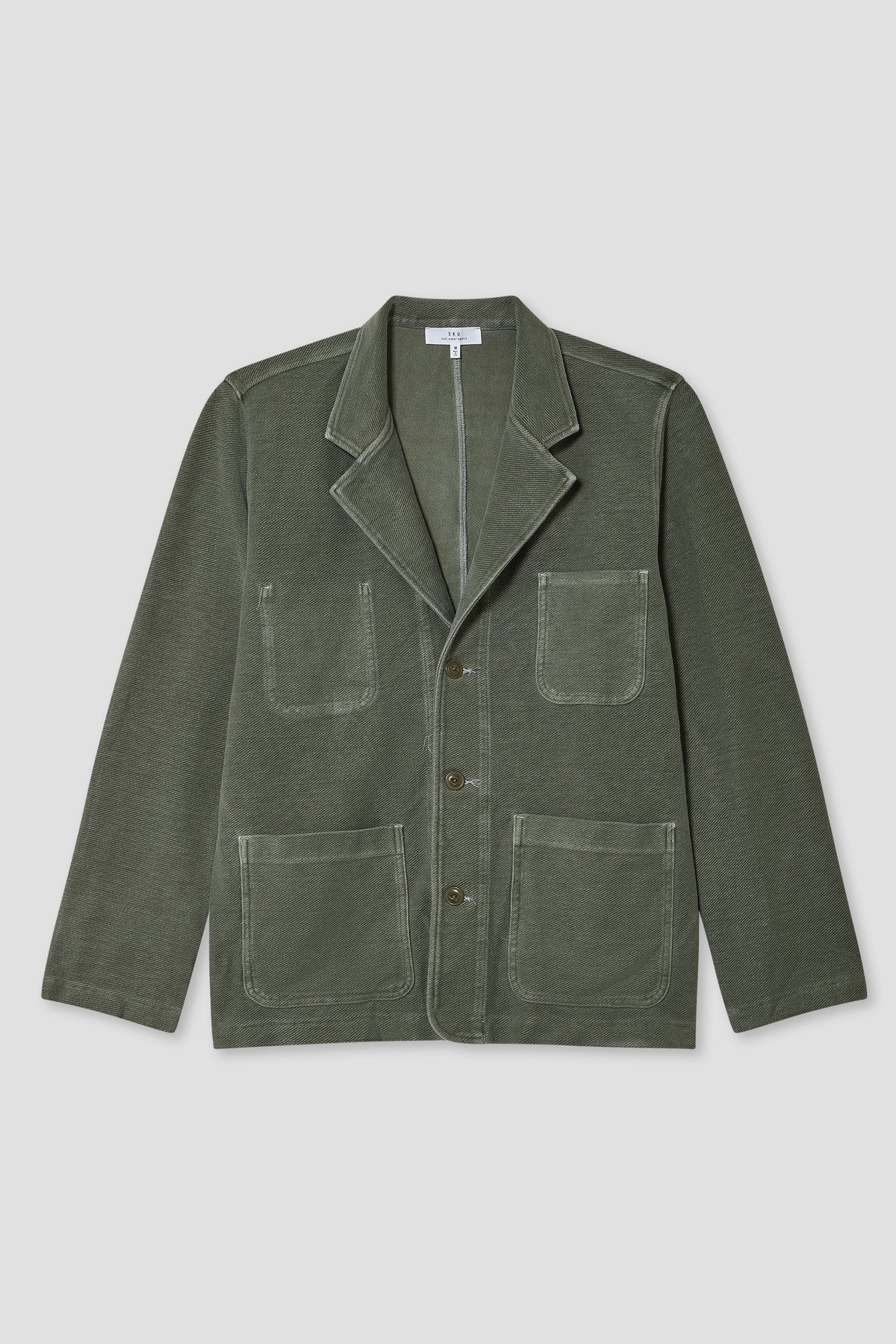 Olive twill terry blazer with notched lapels, flap patch pockets, and button front.