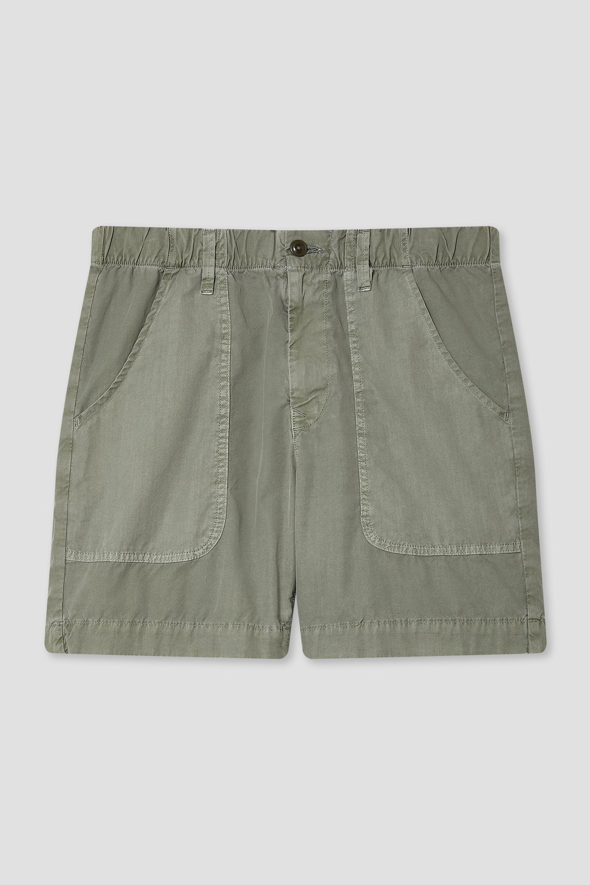 Olive green poplin sport shorts, flat front with patch pockets and elastic waist