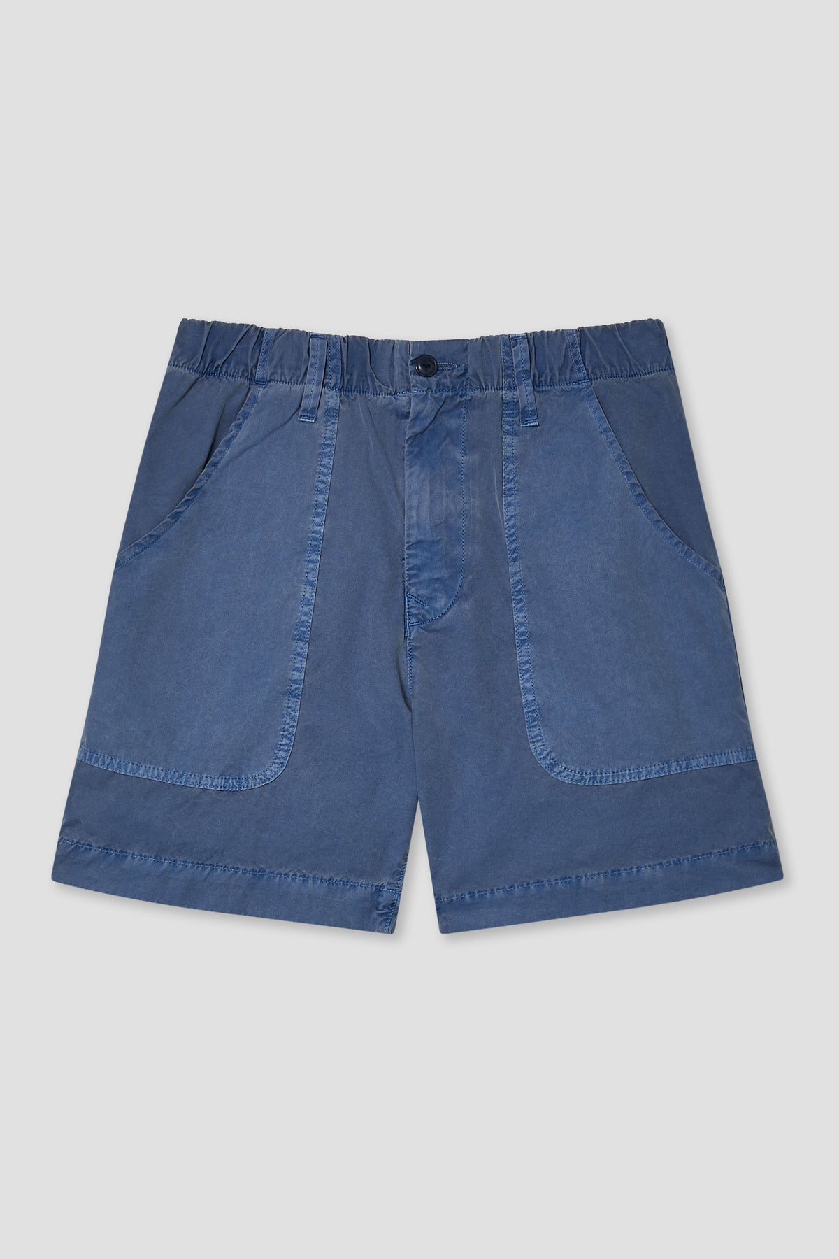 Blue poplin sport shorts, button front, side pockets, elastic waistband