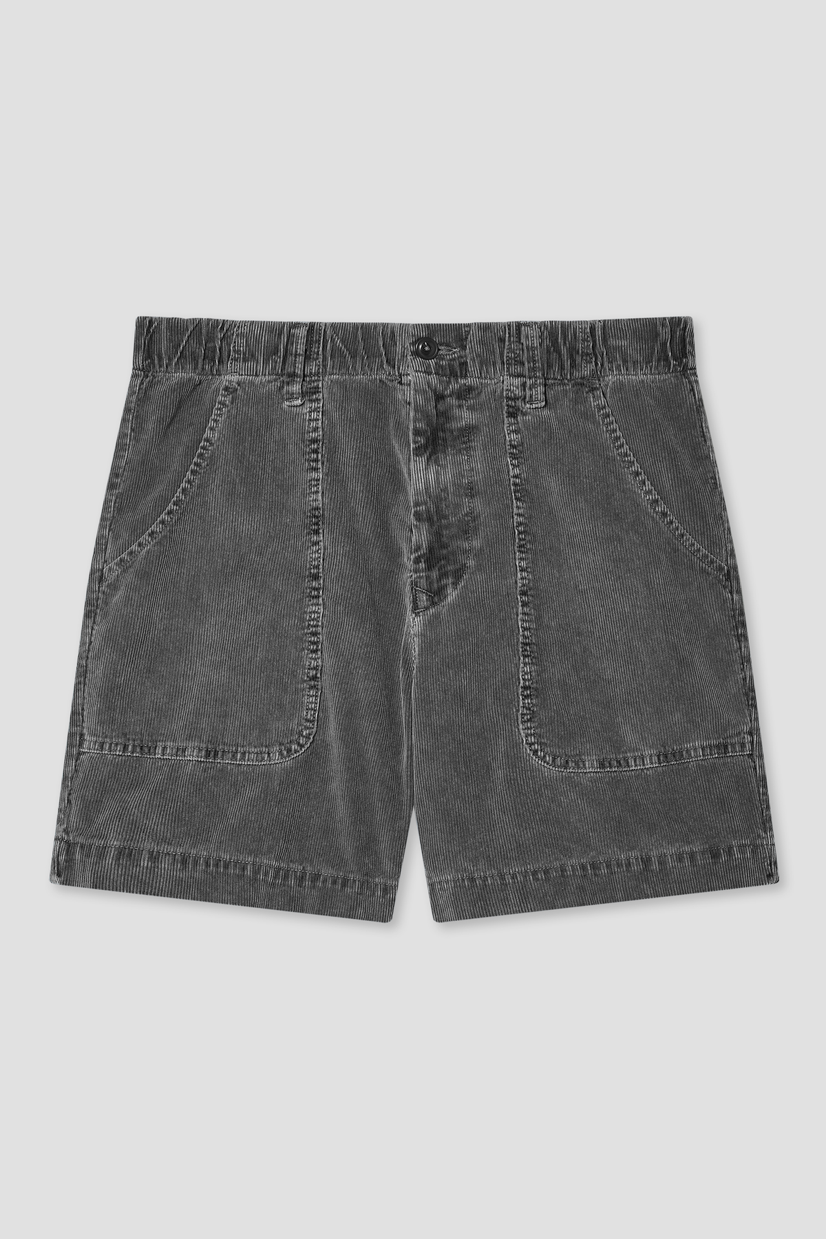 Faded black cord sport shorts with elastic waistband and two front patch pockets
