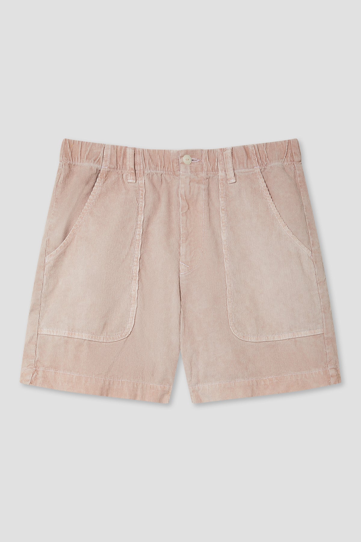 Tea pink cord sport shorts with elastic waistband and two front patch pockets