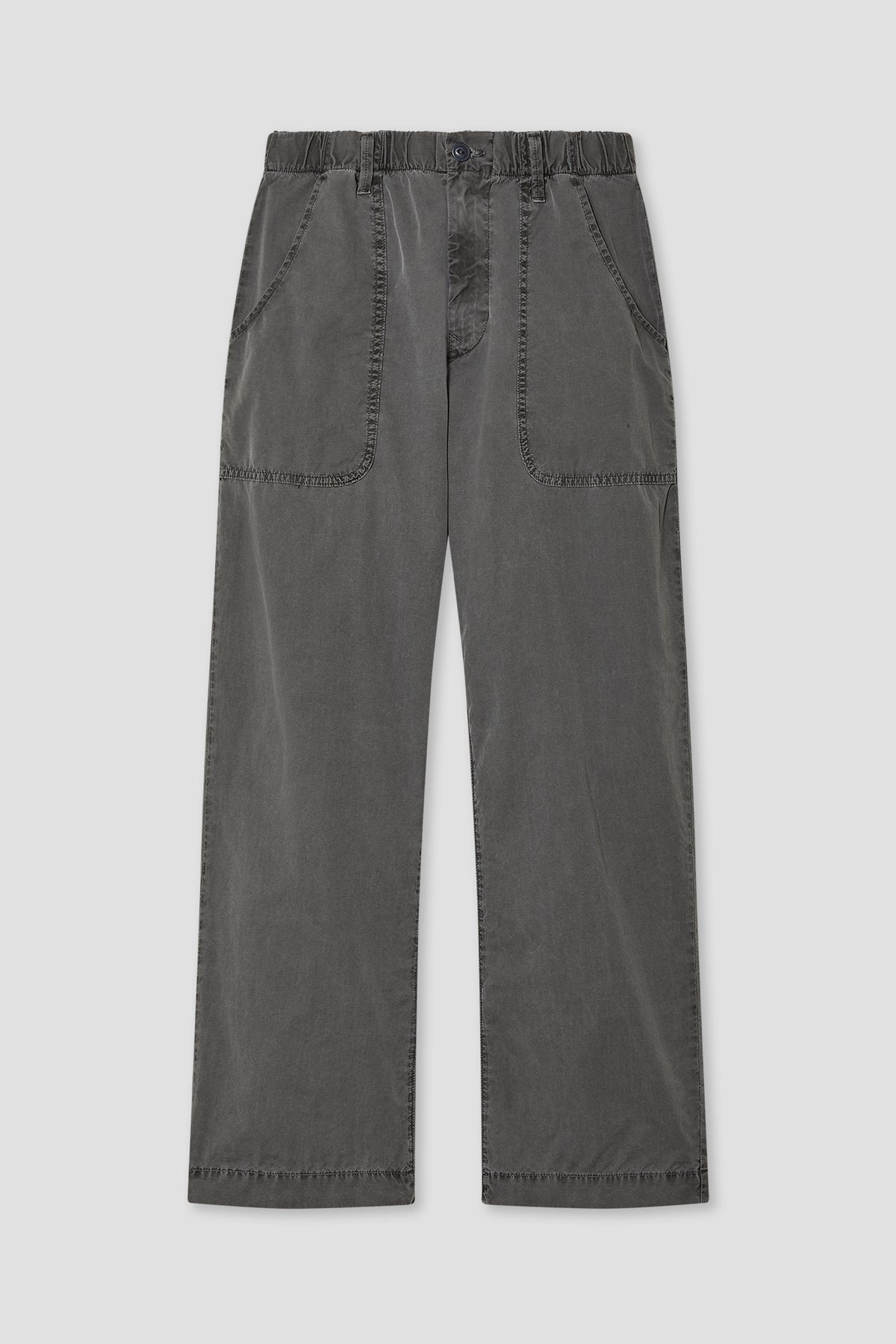Dark gray poplin pants with elastic waistband, side pockets, and straight leg