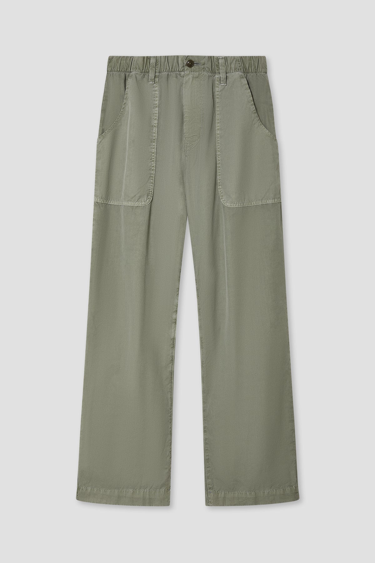 Lichen green wide-leg poplin pants with button waistband and side pockets