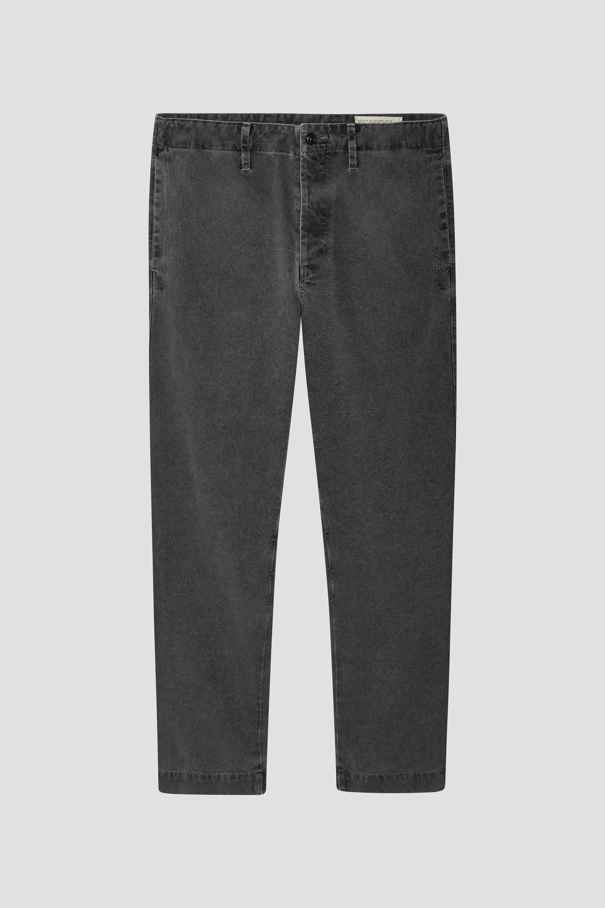 Dark chino pants with button fly, belt loops, and straight legs