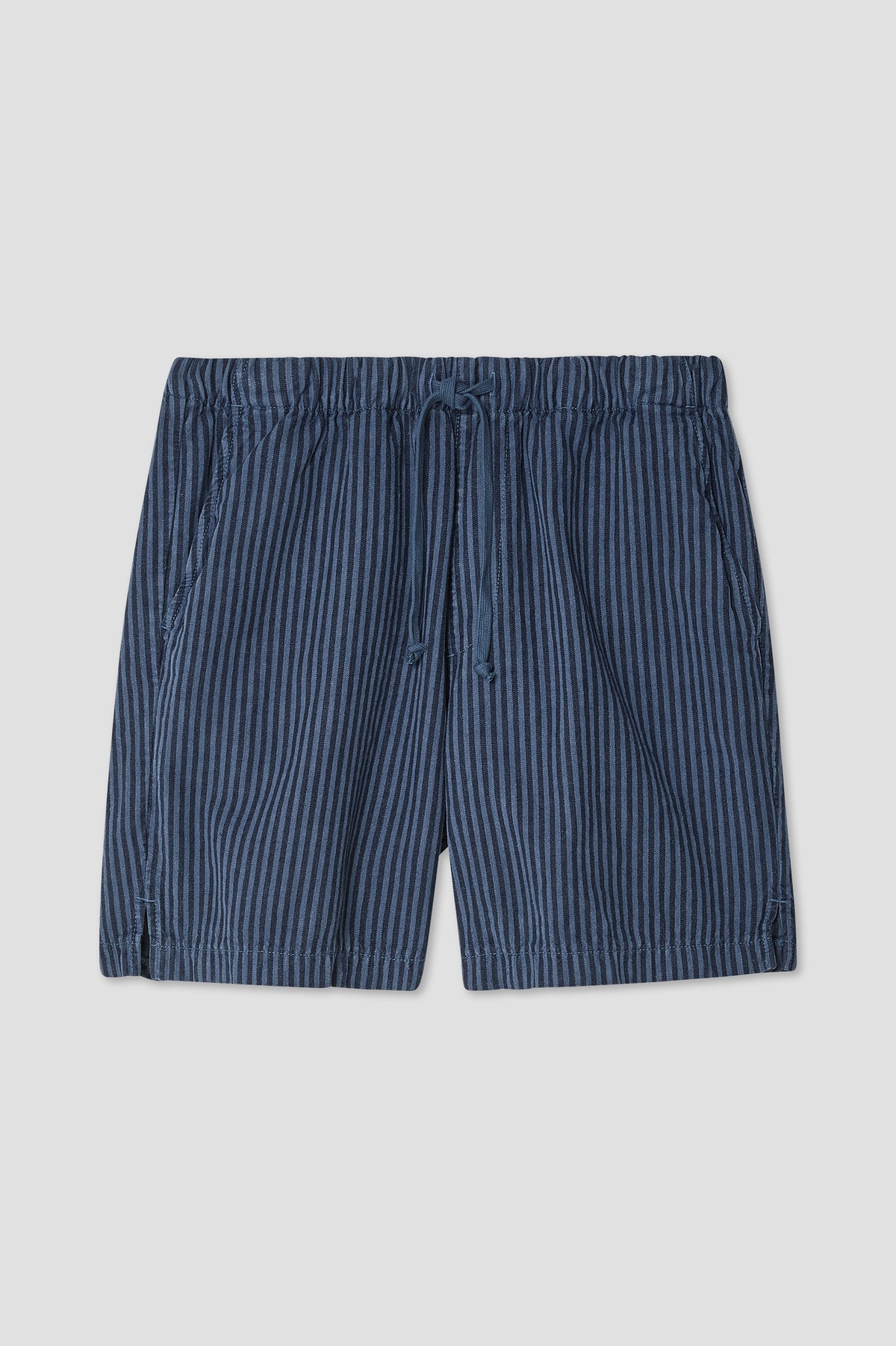 Navy striped hemp easy shorts with elastic waist and adjustable drawstring