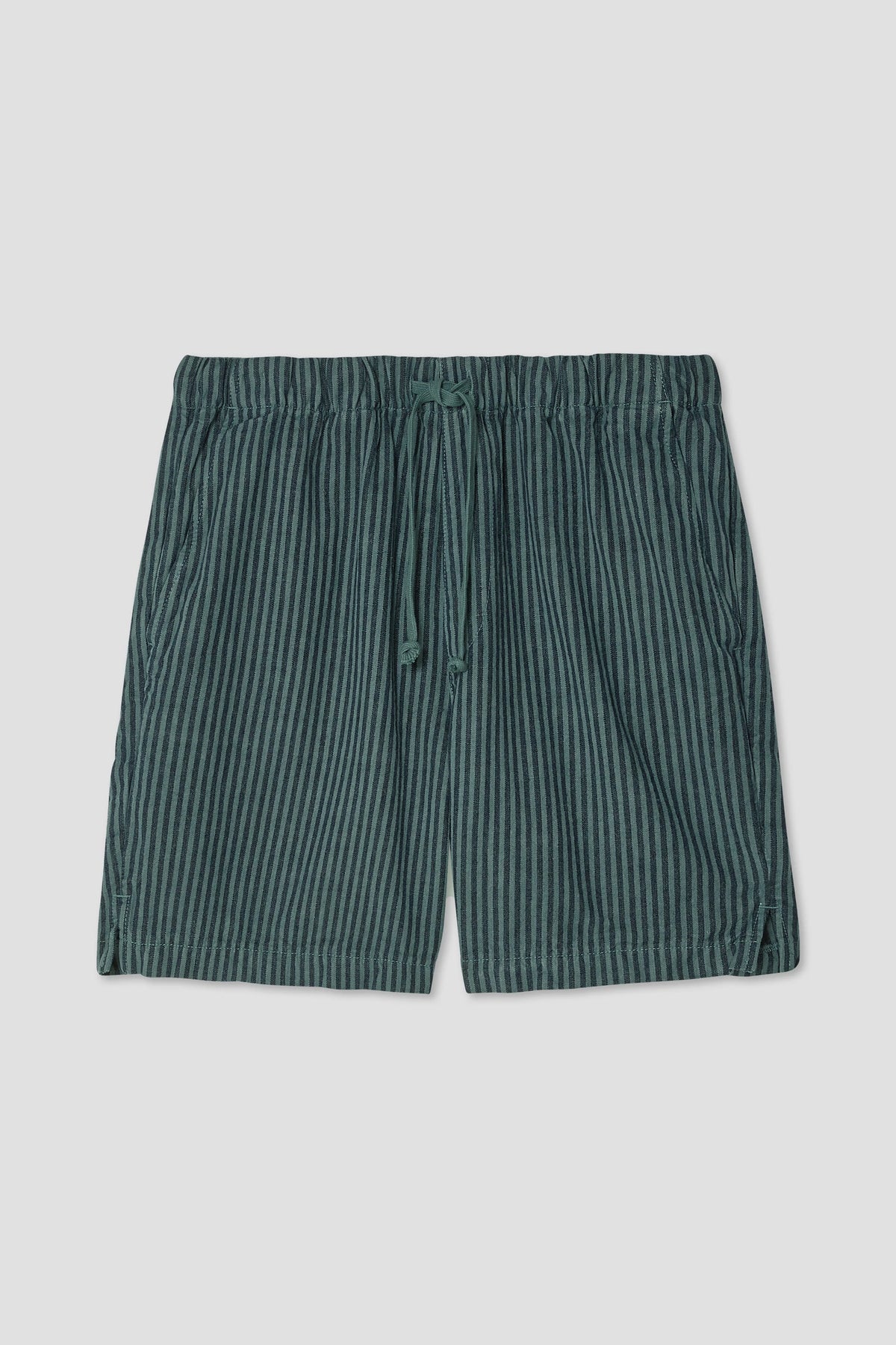Green striped hemp easy shorts with elastic waist and adjustable drawstring