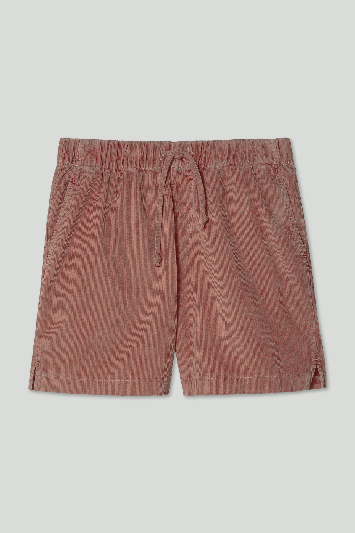 Corduroy easy shorts in rose pink, drawstring waistband and side pockets.