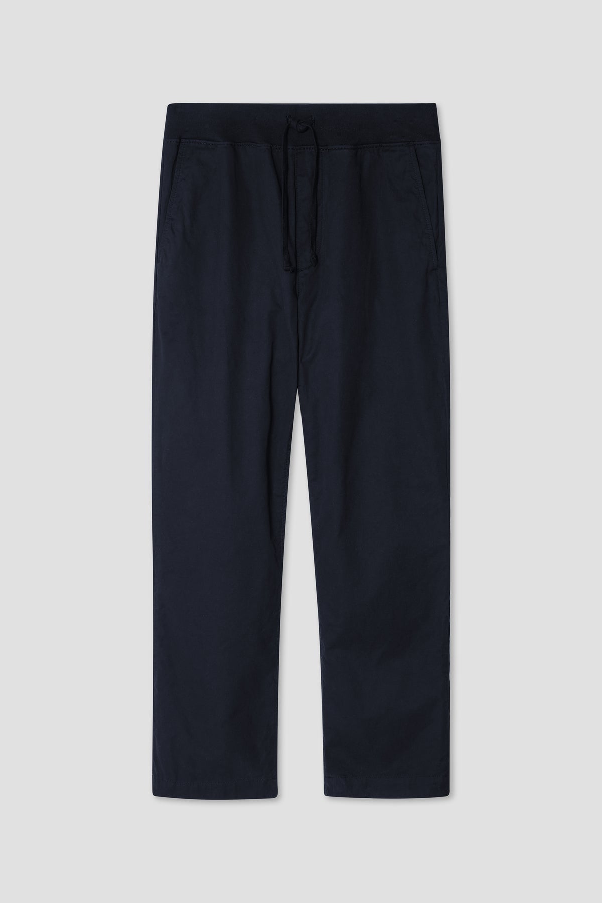 Navy twill pants with drawstring waist and straight-leg design