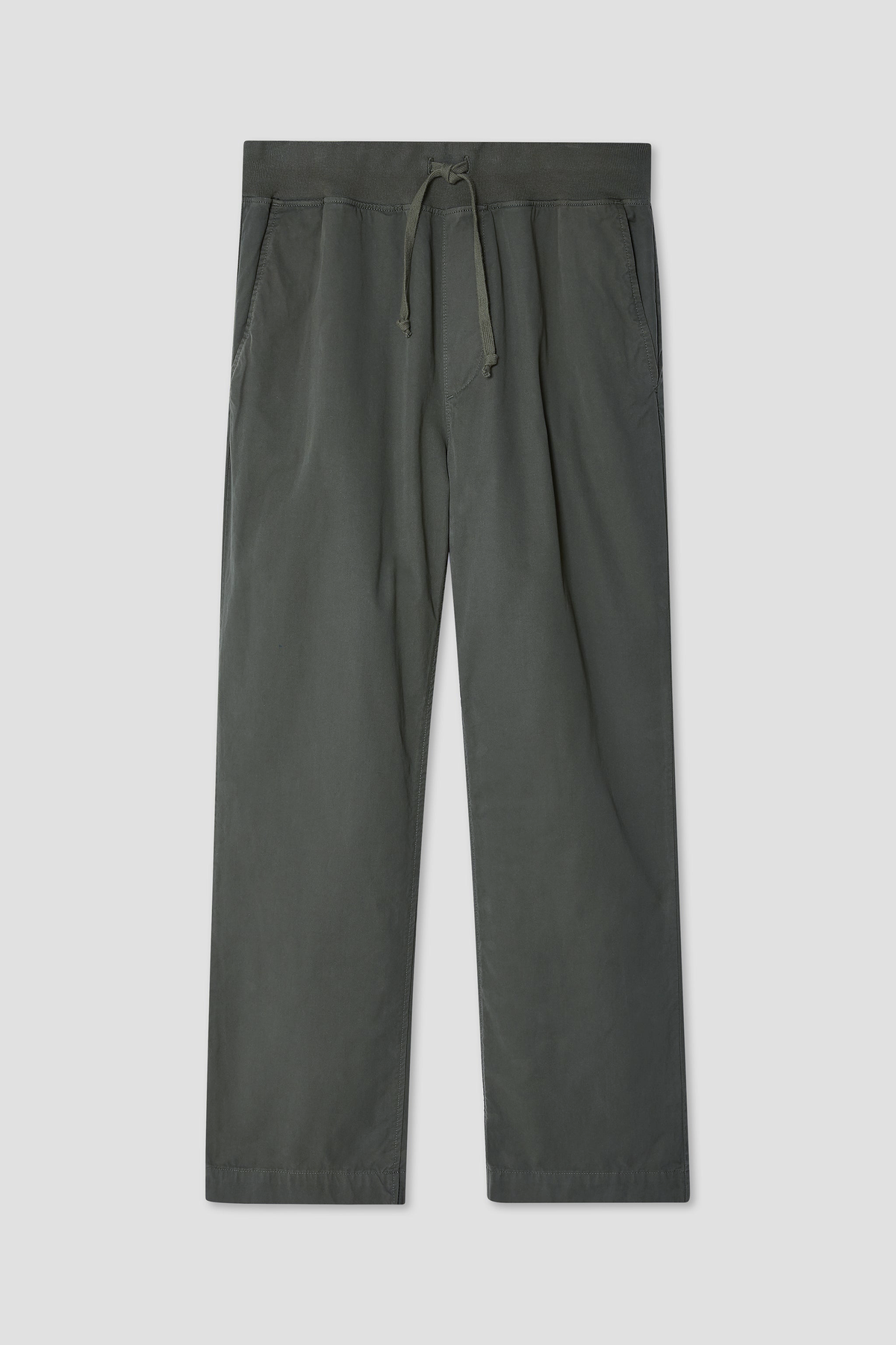 Charcoal twill cozy pants with drawstring waist and straight tapered legs